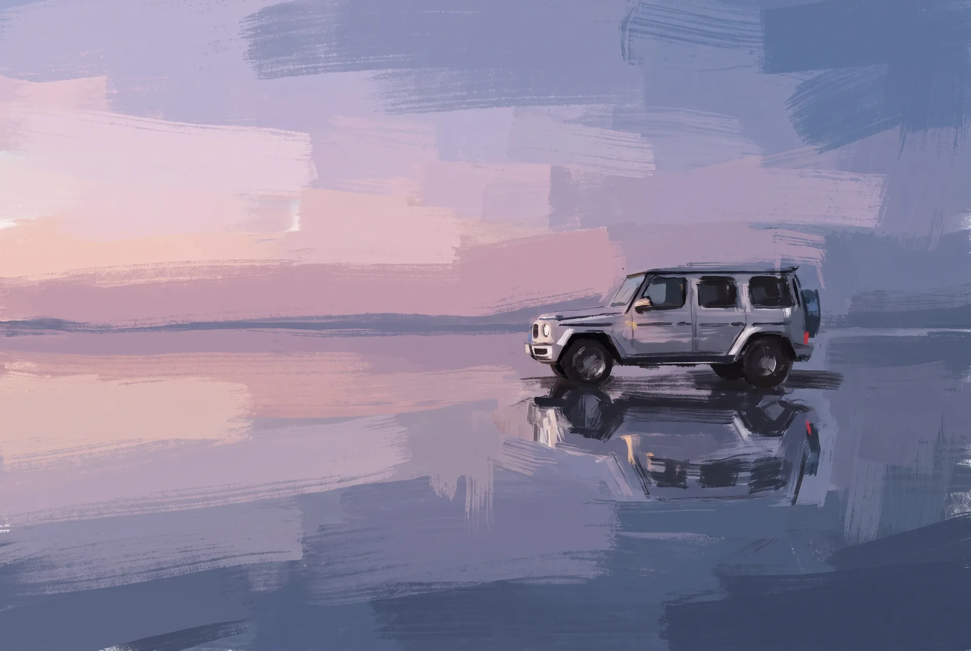 A painterly illustration of a white Mercedes G-Class on a salt flat at dusk