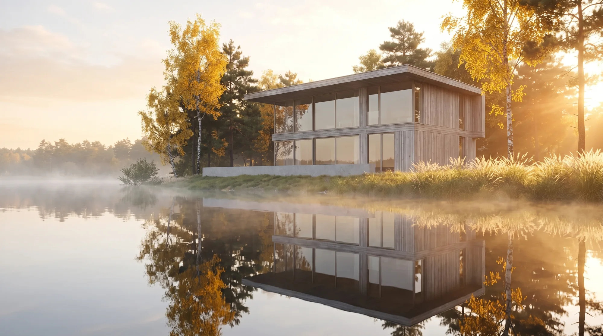 The timber-and-glass house at dawn, mirrored in a still lake with morning mist and yellow birches