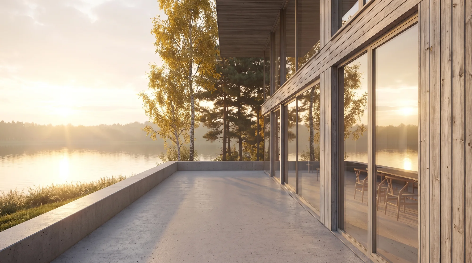 Concrete terrace at sunrise, glazing reflecting the lake and the birches