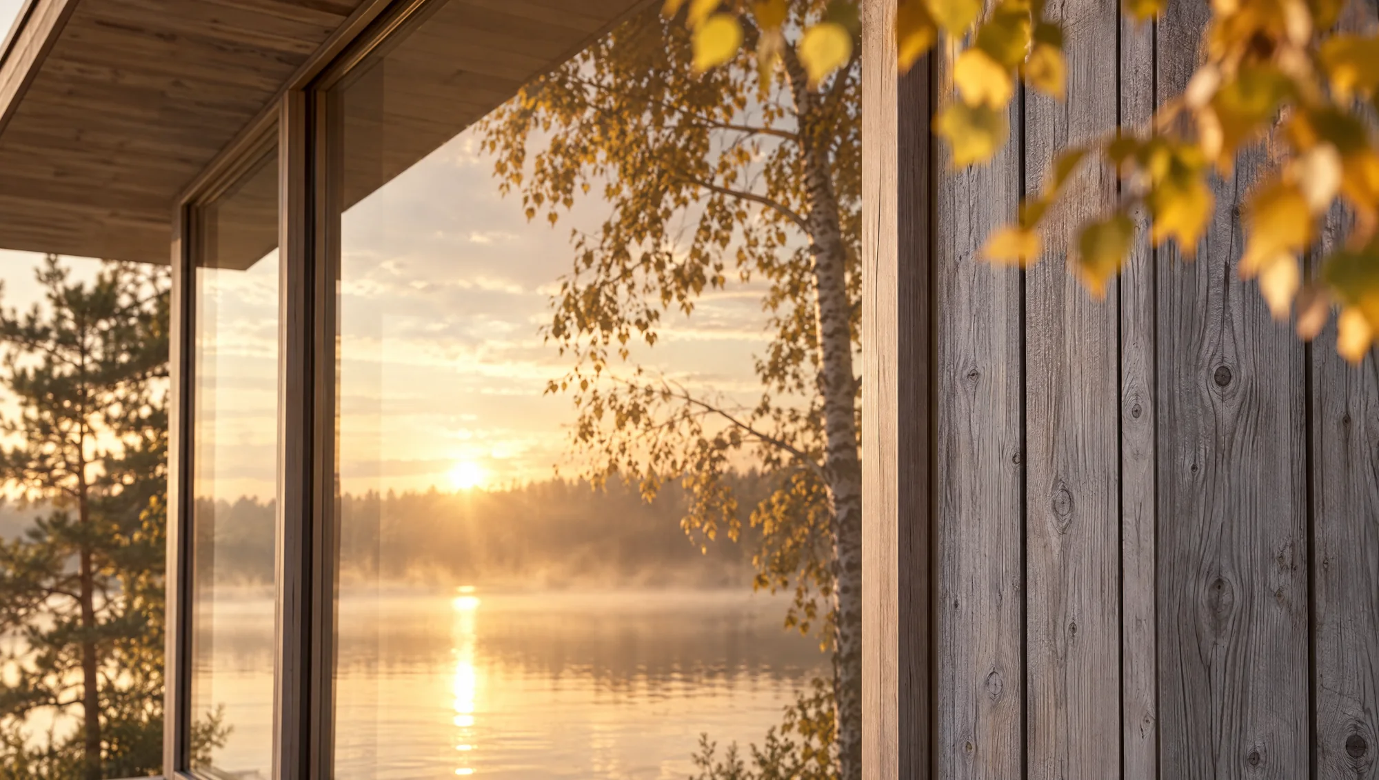 Corner detail — weathered timber cladding, window frame and the sunrise over the lake behind a birch