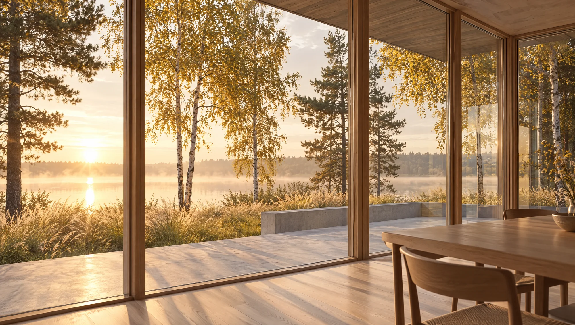 Dining room at sunrise — full-height glazing, oak table, terrace and lake beyond