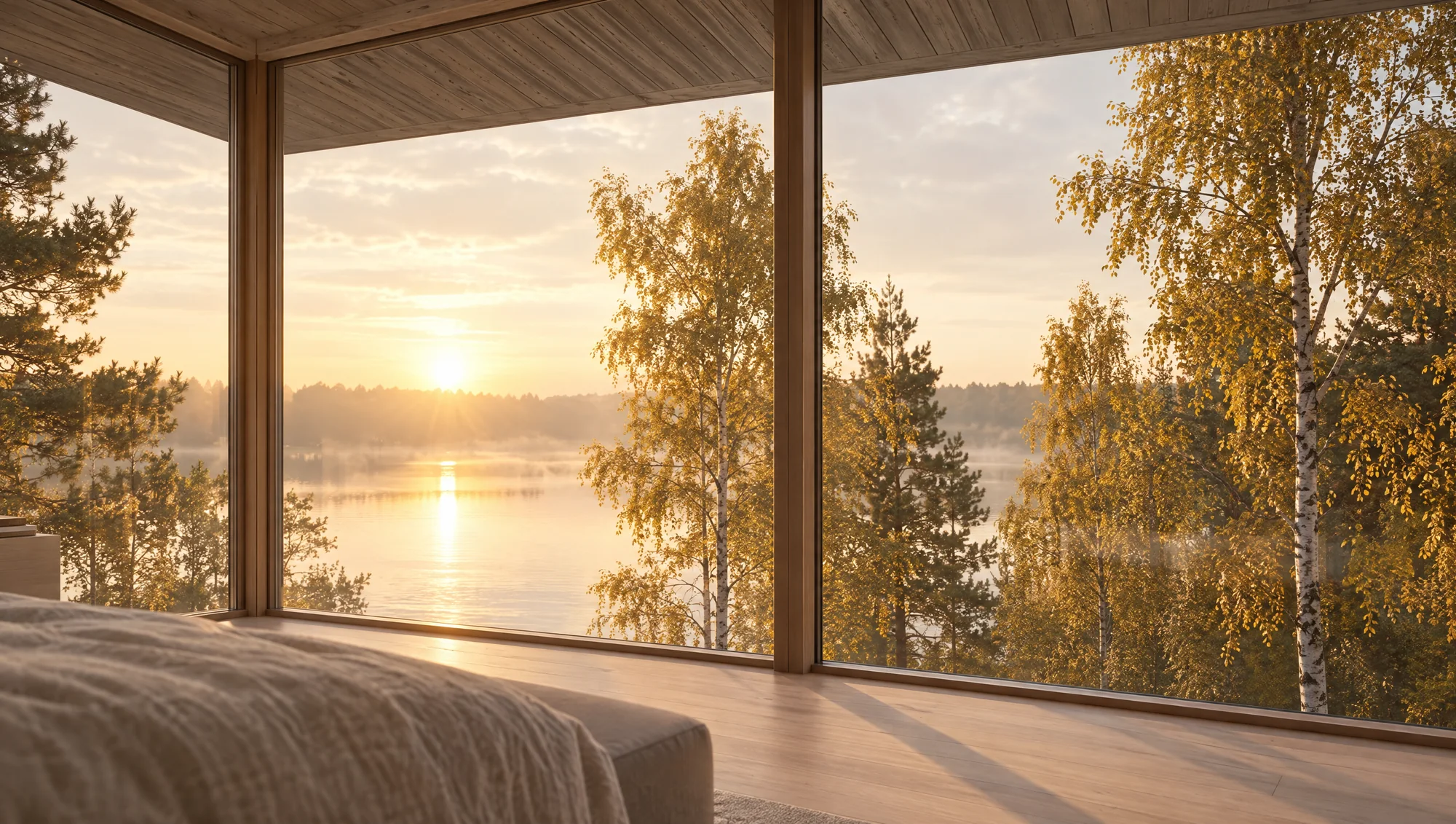 Bedroom at sunrise — corner glazing onto the lake, birches and pines