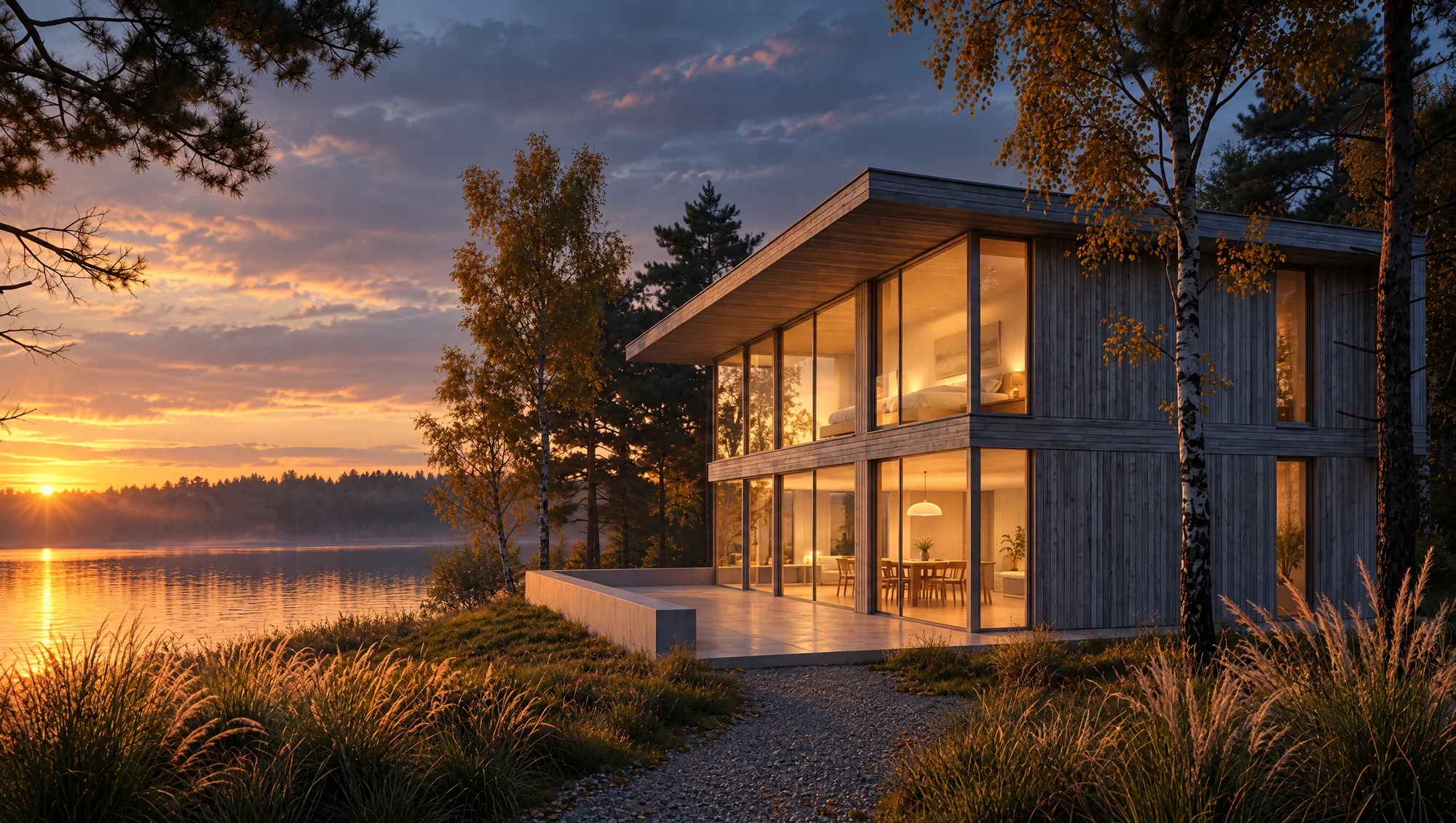 The house at sunset, interior lit, path through the grasses to the lake