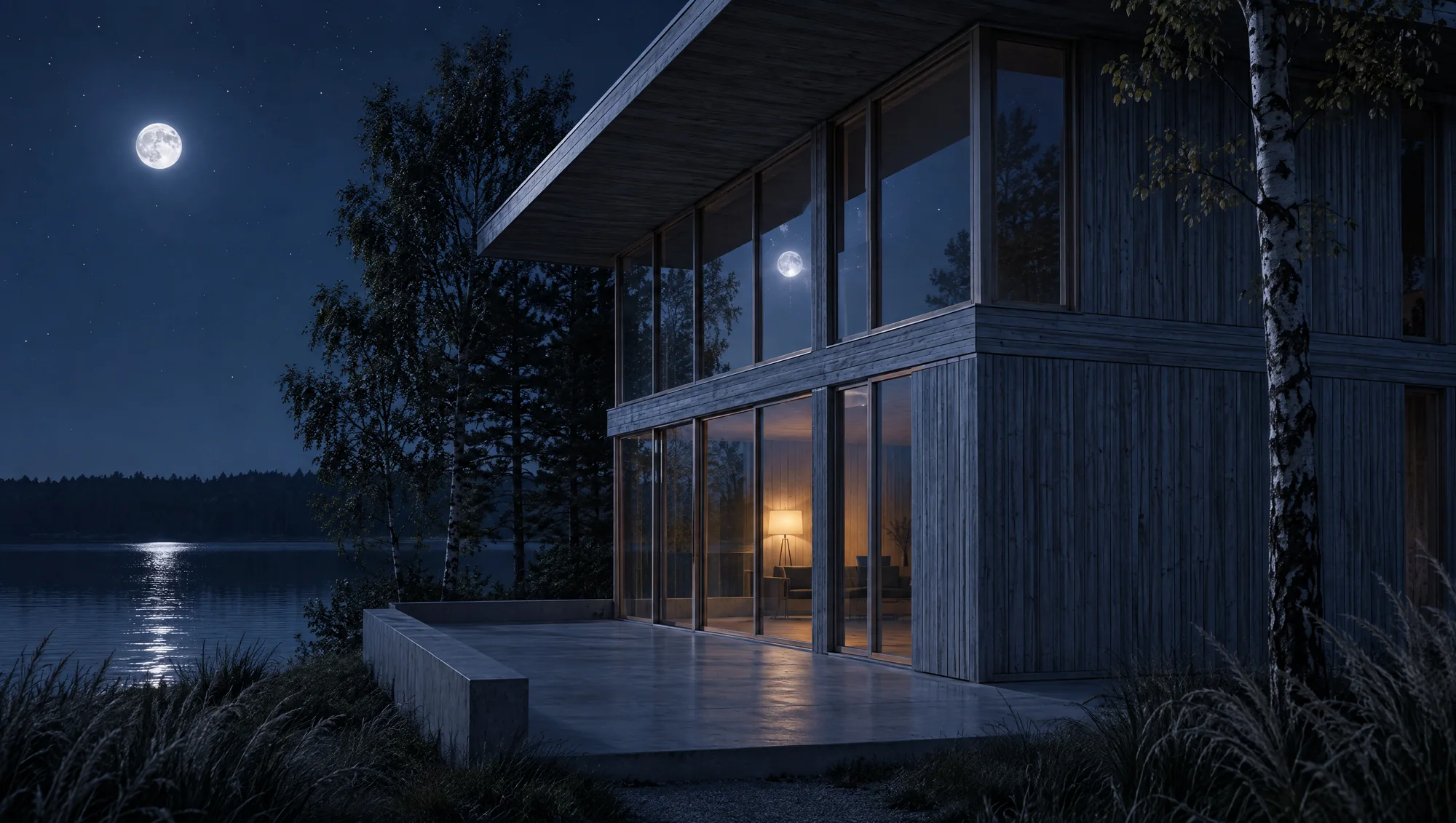 The house under a full moon, a single lamp lit inside, moonlight on the lake