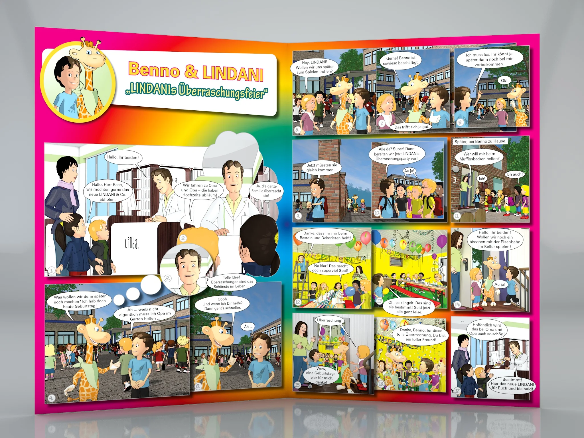 A finished two-page comic spread, 'Benno & LINDANI — LINDANIs Überraschungsfeier', following Benno and his classmates as they secretly plan a surprise birthday party for Lindani the giraffe