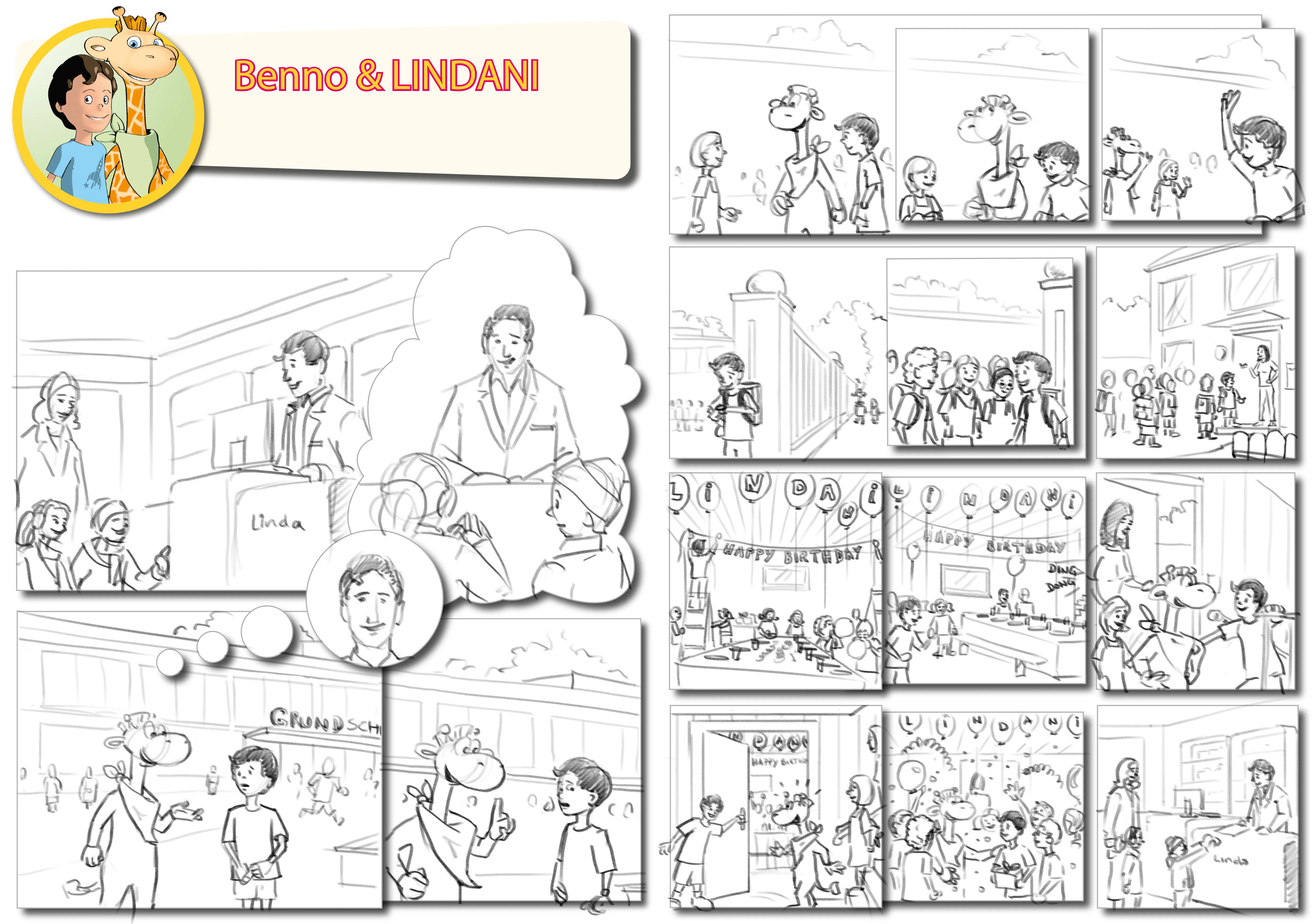 The same two-page episode as a pencil storyboard, blocking out every panel, character and speech bubble before final colour and rendering