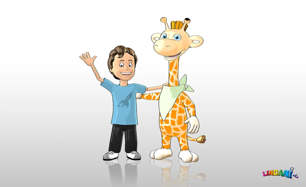 Benno and Lindani the giraffe standing together and waving on a plain studio background, the Lindani & Co. logo in the corner