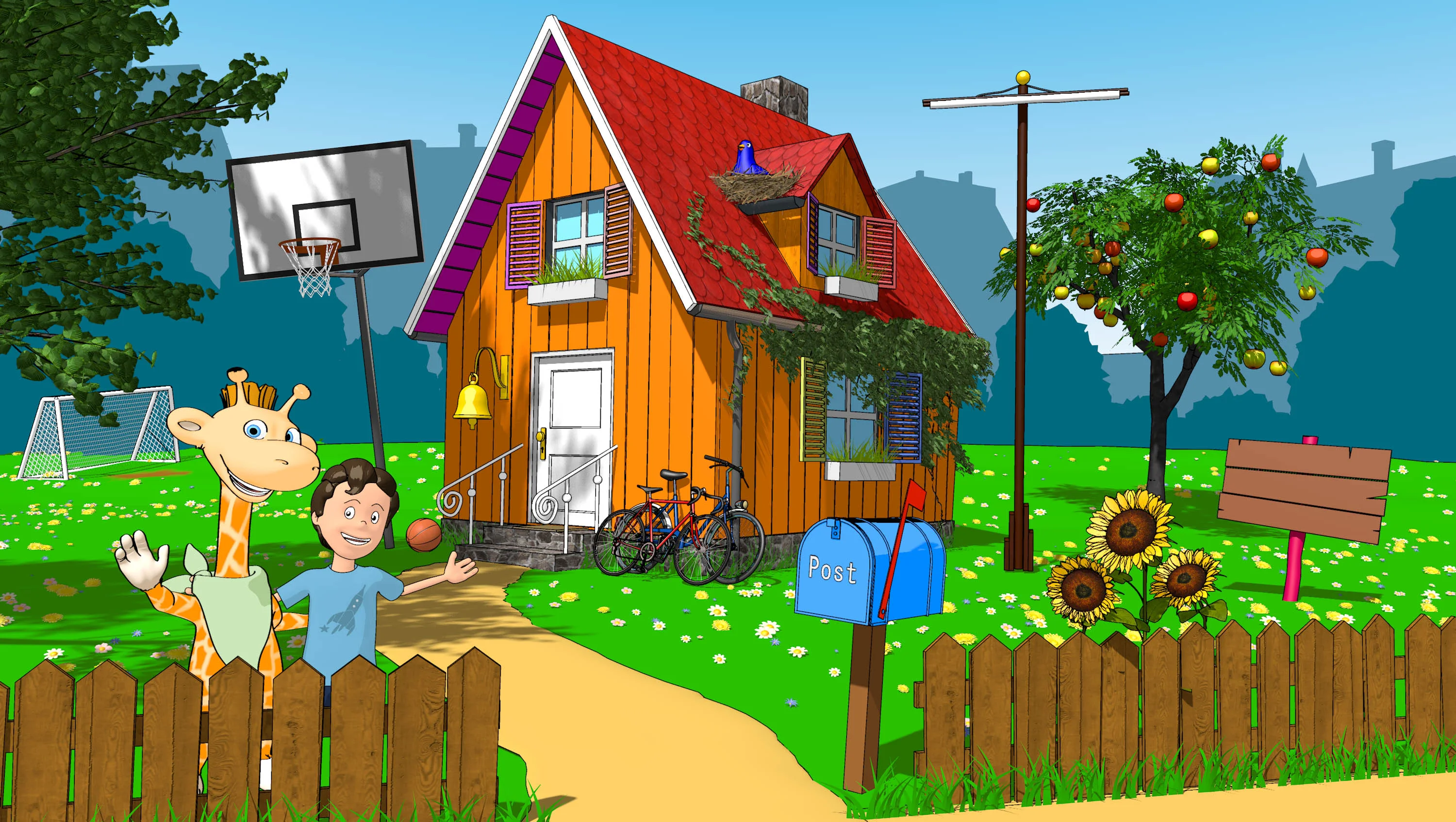 A sunny 3D-rendered front-yard scene with Lindani and Benno waving over a picket fence, a basketball hoop, sunflowers, an apple tree and a mailbox in front of a cosy house