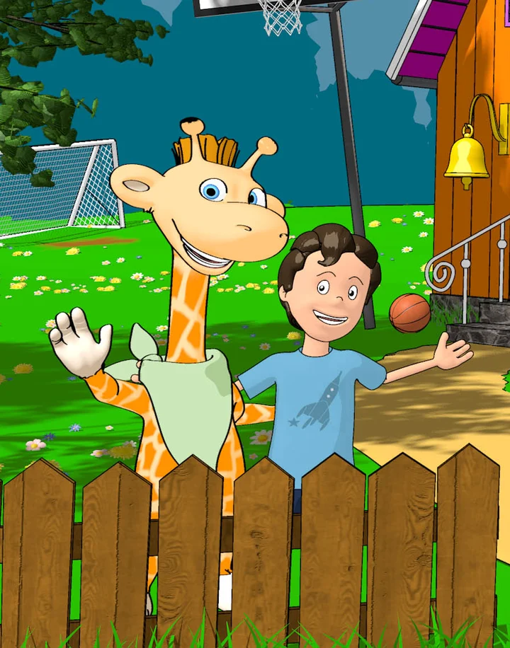 Benno and Lindani the giraffe waving together over a garden picket fence, a basketball hoop and their little house behind them
