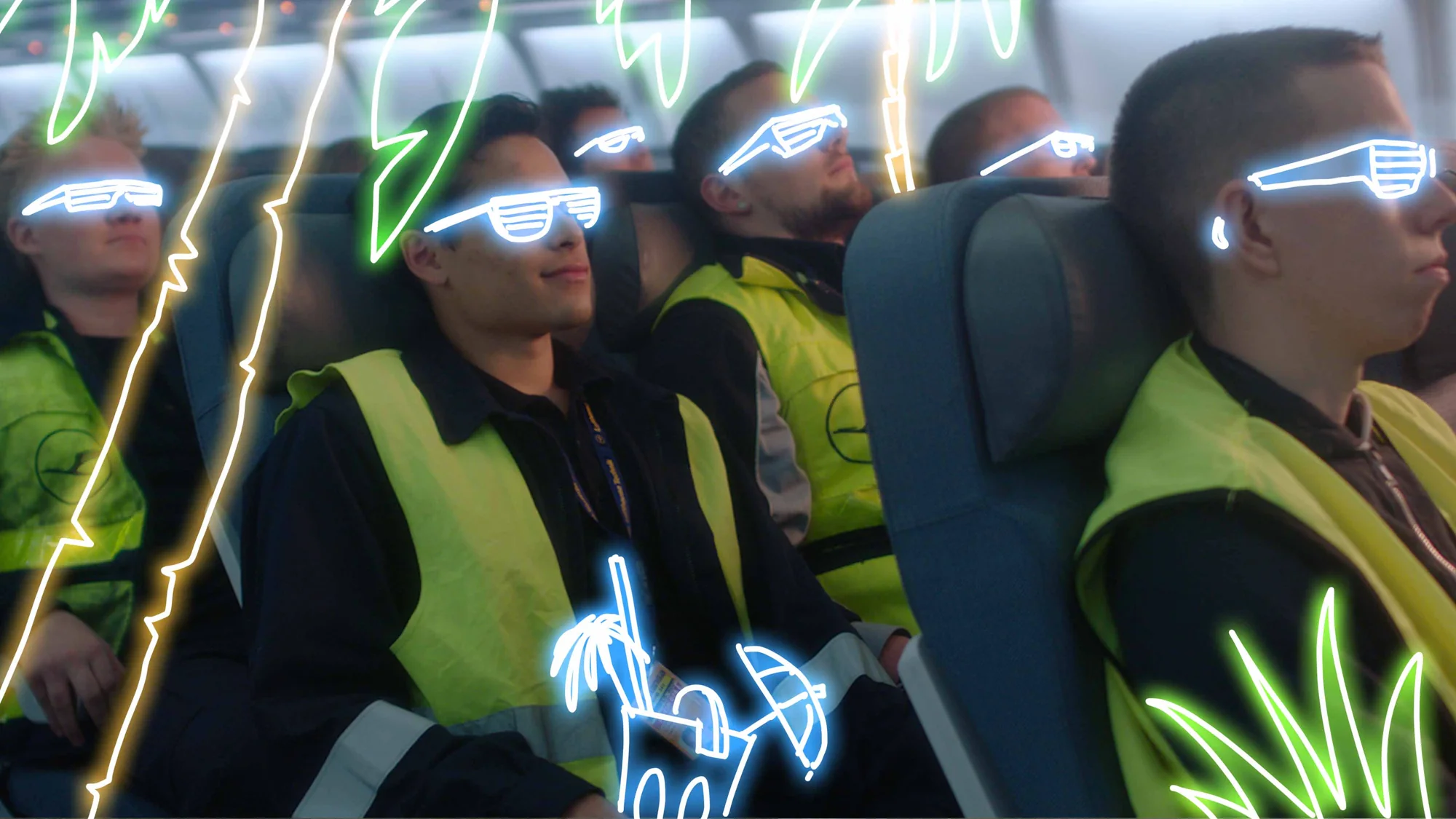 A doodle paintover on a live-action still — neon cape, mask and muscles drawn over a Lufthansa Technik mechani