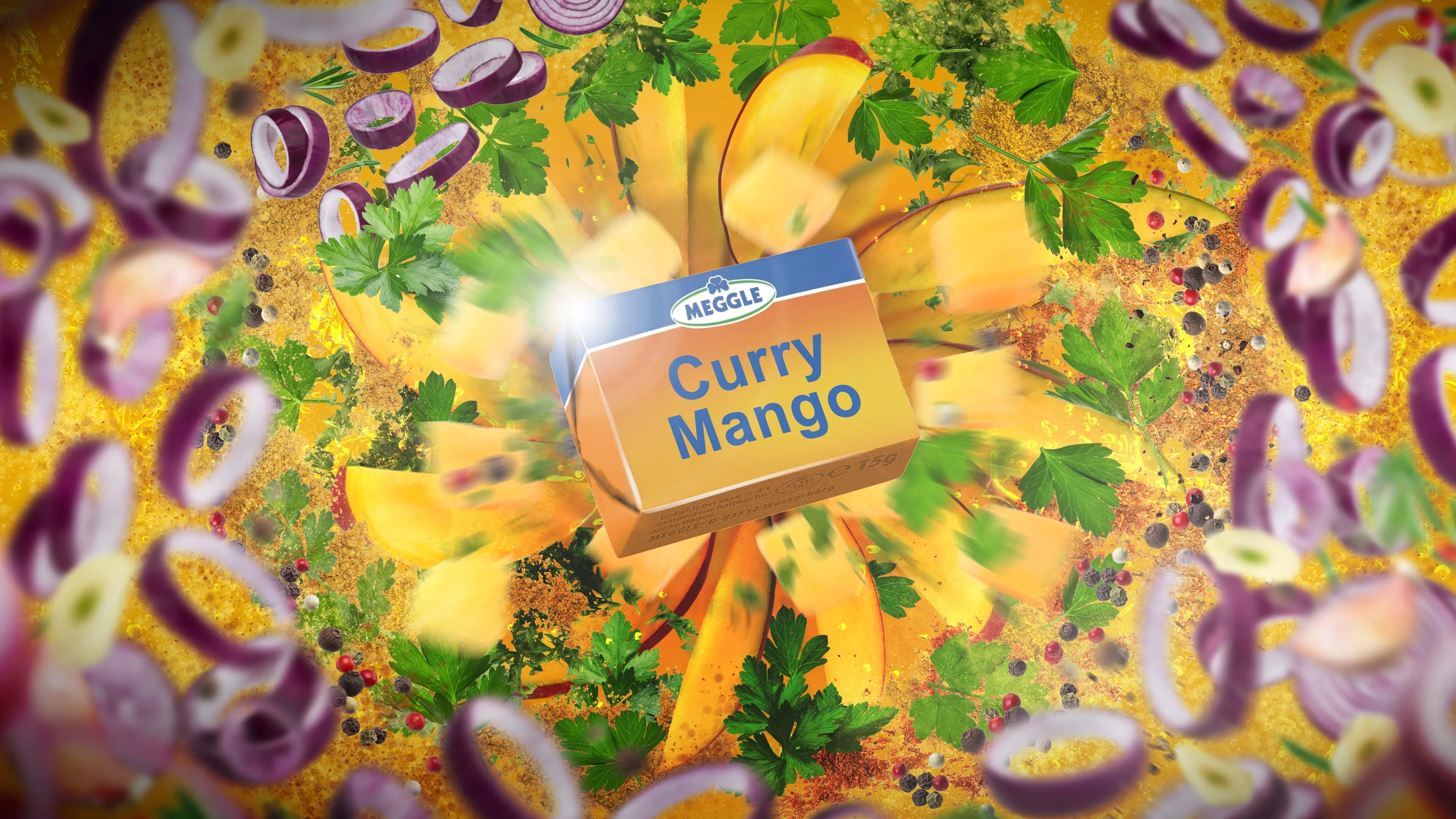 Meggle Curry Mango butter pack bursting from mango, parsley, red onion rings and curry spice, on a golden backdrop