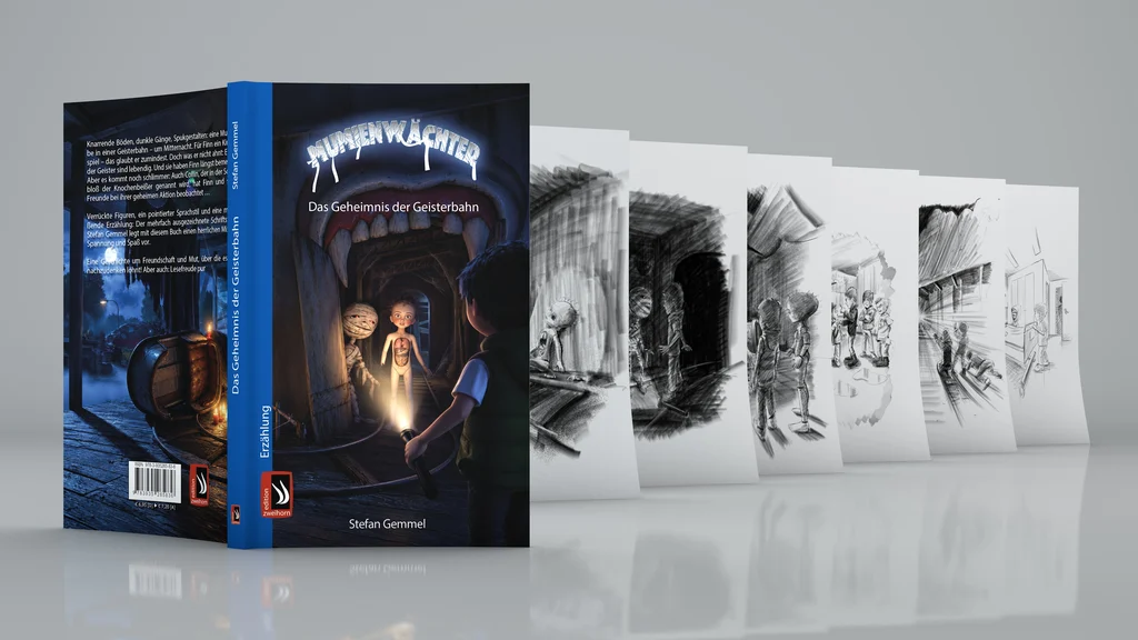The finished book cover for Mumienwächter — Das Geheimnis der Geisterbahn, next to a fan of six pencil concept sketches for the mummy character and the ghost-train scene