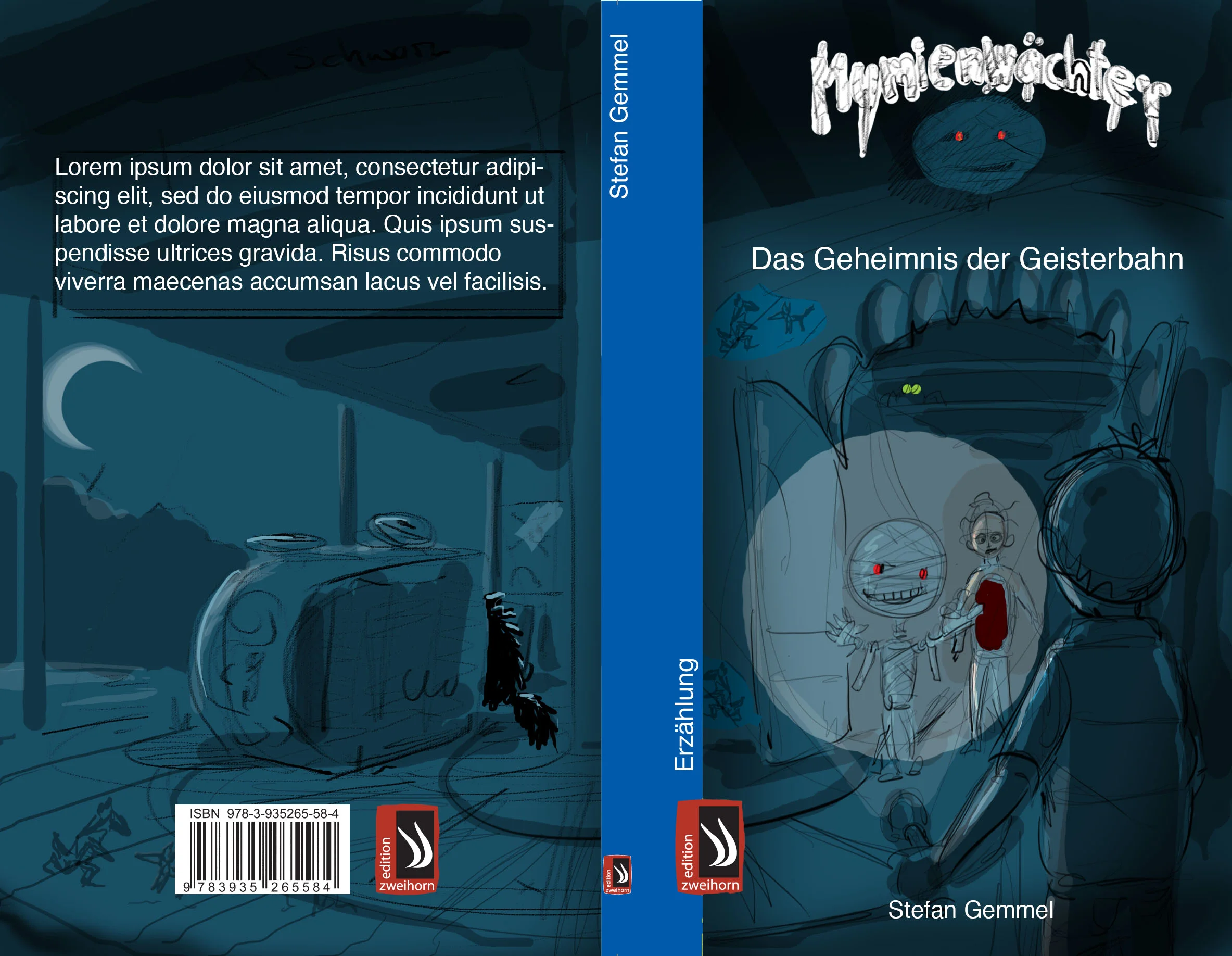 The complete cover flat for Mumienwächter — Das Geheimnis der Geisterbahn, showing front, spine and back with the lettering logo, a moonlit junkyard scene and the ISBN barcode