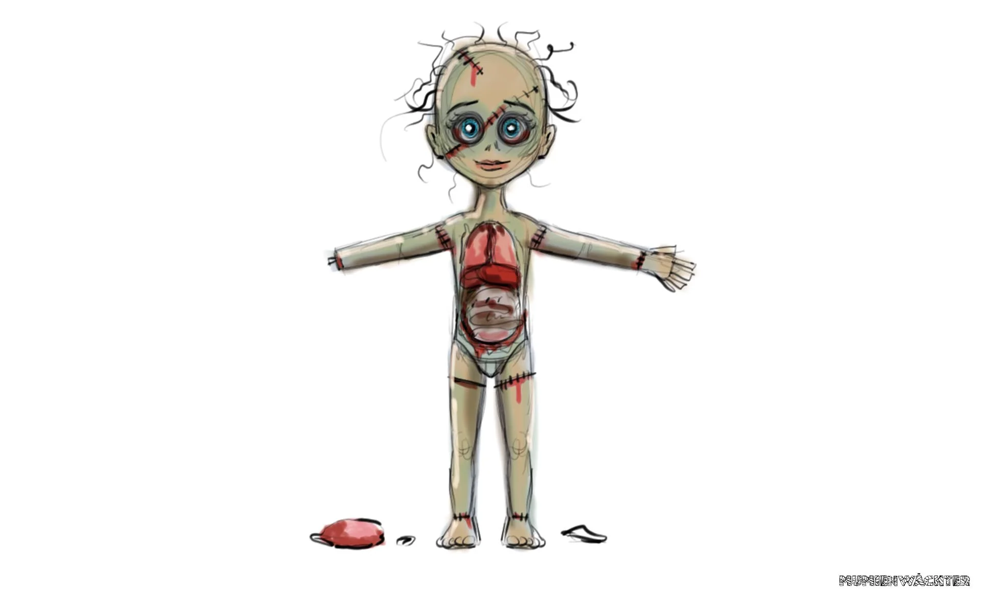 A stitched, patchwork-skinned character study of the mummy-guardian child, arms spread wide, with visible sutures and a torn ear on a plain background