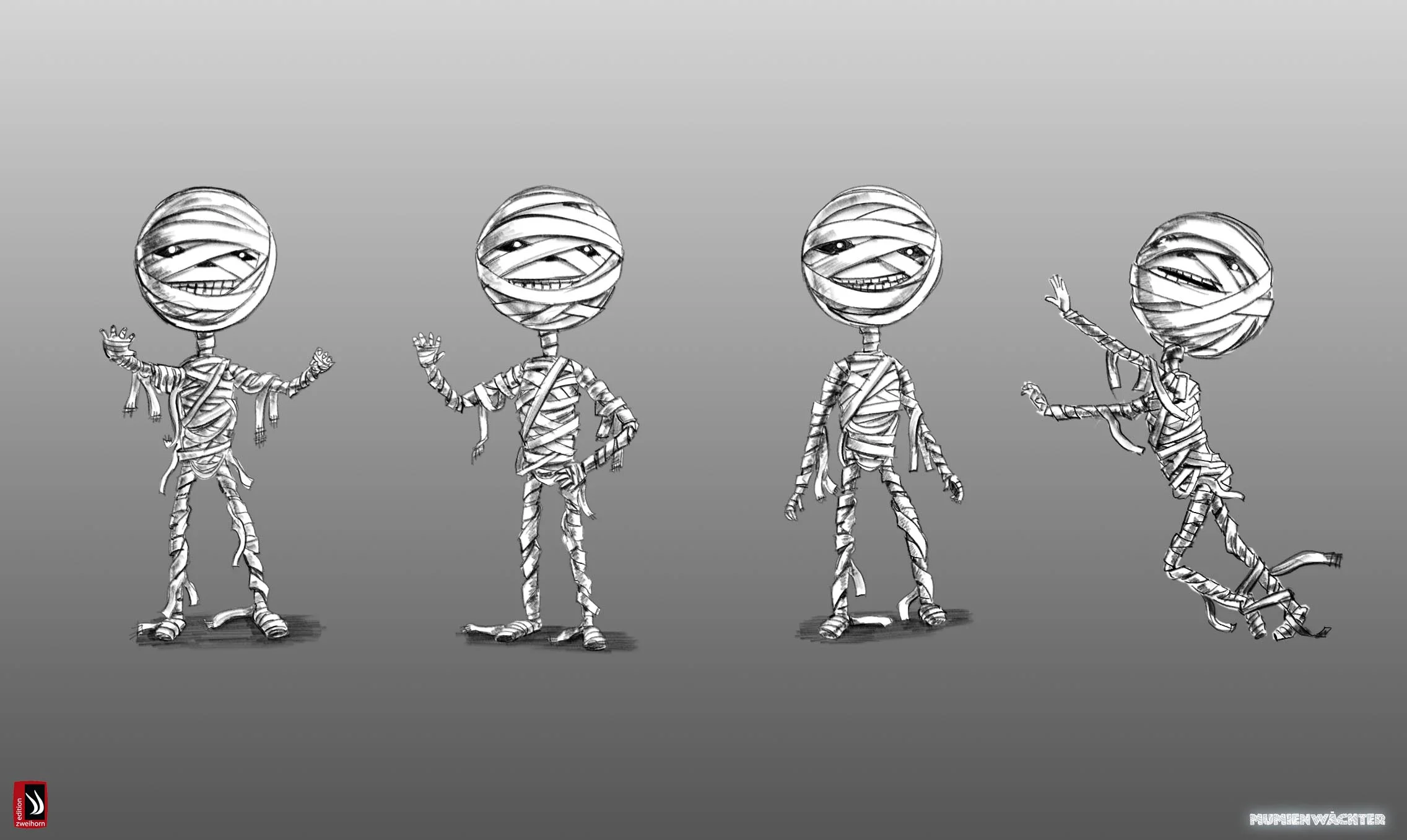 Four pencil concept sketches of the mummy character in different action poses, arms raised, walking and reaching