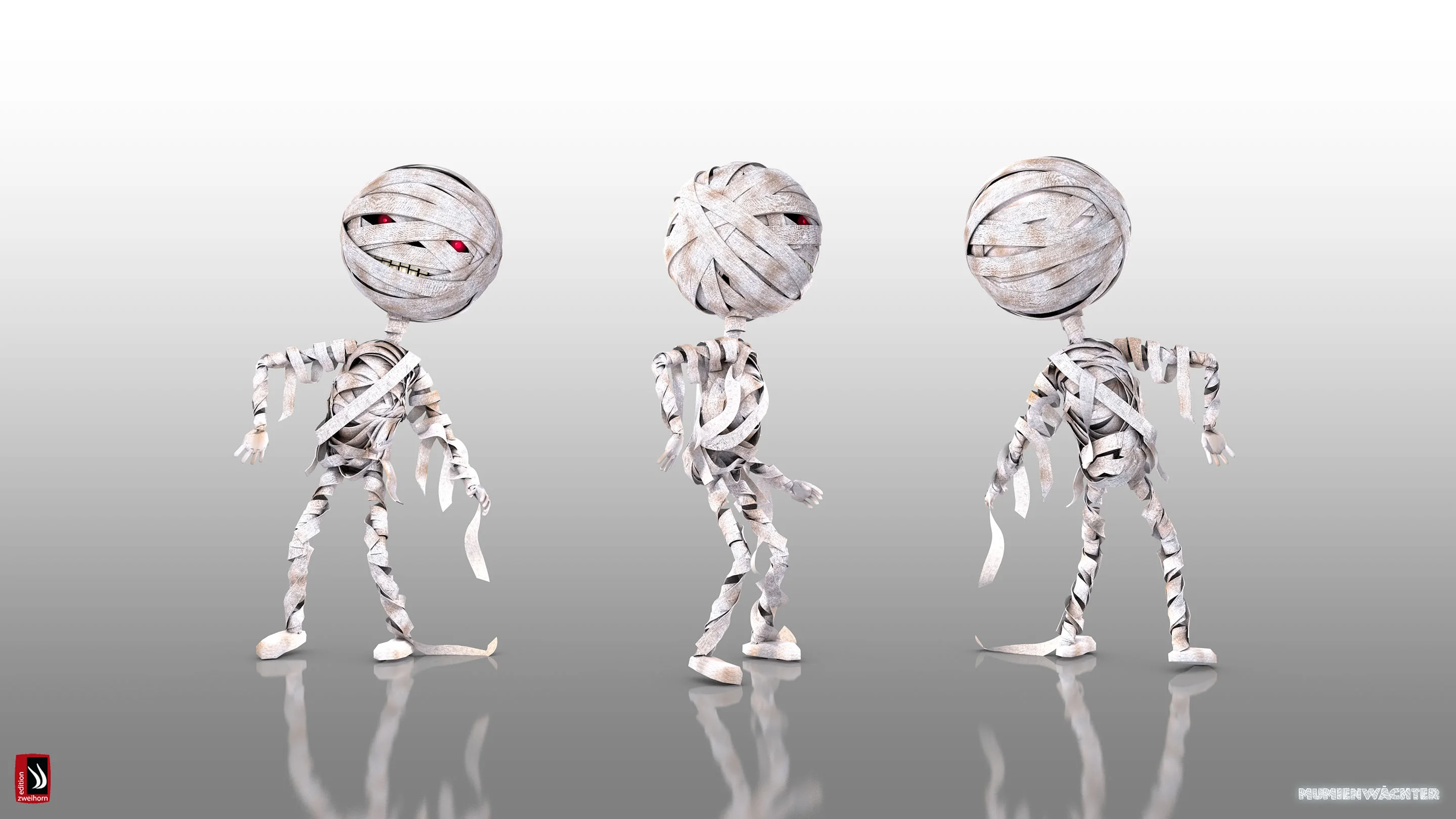 Three fully rendered 3D views of the mummy character — front, back and three-quarter turn — with glowing red eyes and weathered bandages