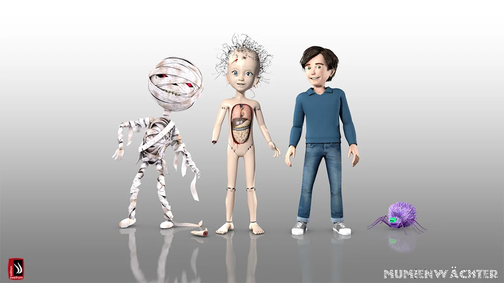 The rendered cast lineup — the bandaged mummy guardian, the anatomical girl with her chest cavity open, the boy protagonist, and a small glowing purple spider creature
