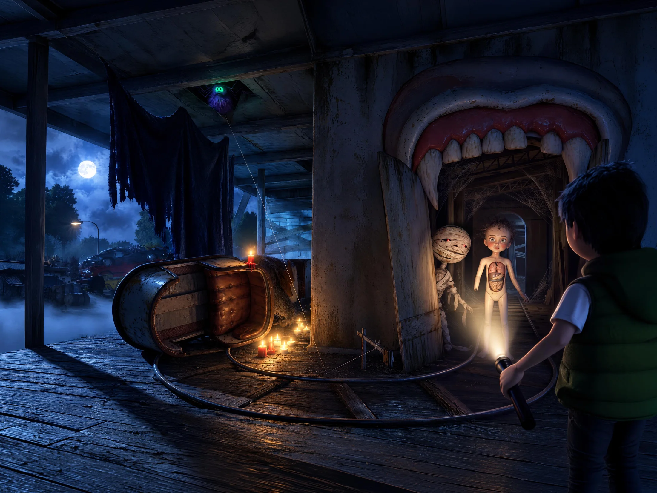 A nighttime ghost-train scene inside a monster-mouth archway — the mummy guardian and the anatomical girl lit by a boy's flashlight, candles flickering on the tracks