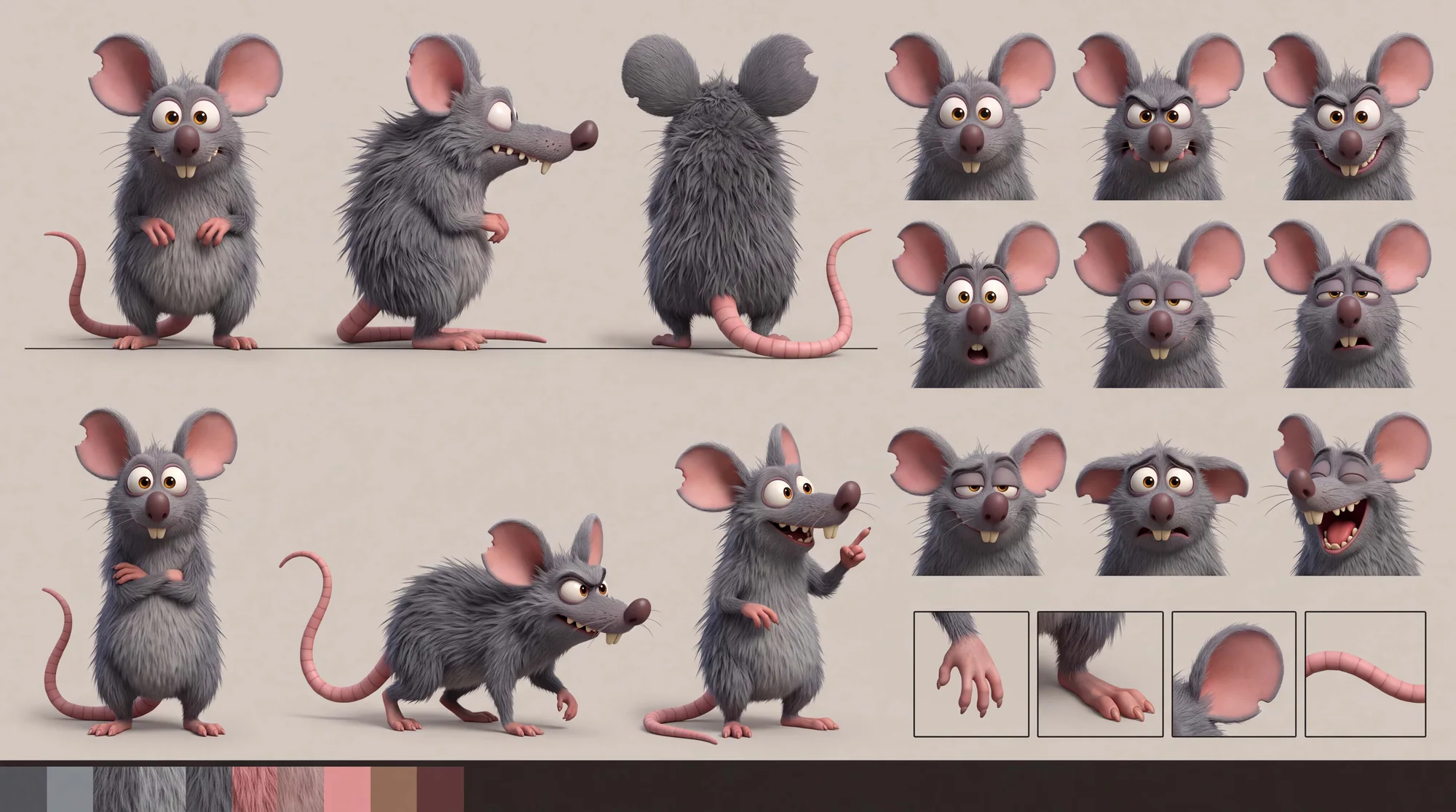 Nigel Mouse character sheet — poses, expressions, hands, ears and tail details, colour palette