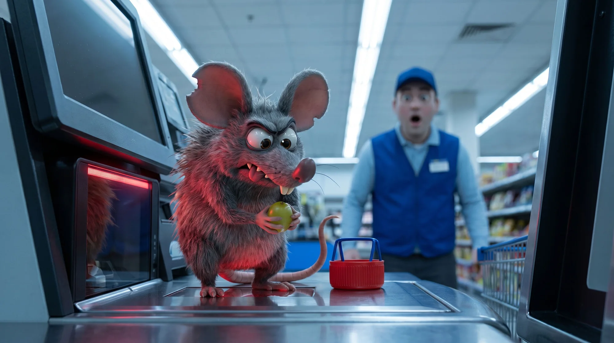 Nigel Mouse on a supermarket self-checkout, red scanner light on him, biting a stolen apple as a startled cashier looks on