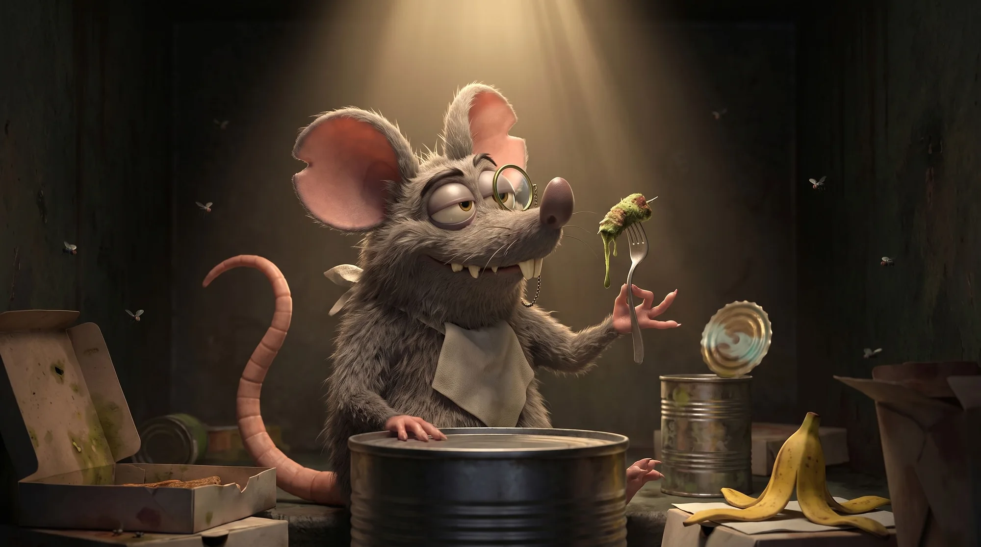 Nigel Mouse dining on scraps from a bin by lamplight, monocle and napkin, fork raised, flies buzzing around