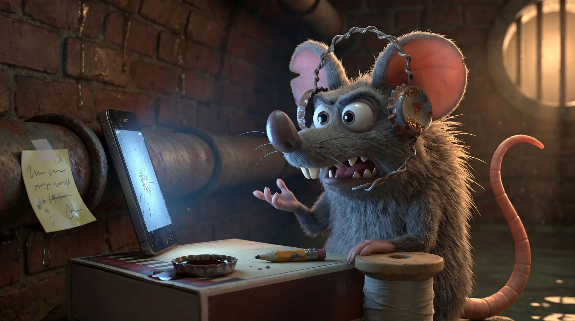 Nigel Mouse with a bent-wire headset propped against a cracked phone screen, pencil and an improvised inkwell beside him
