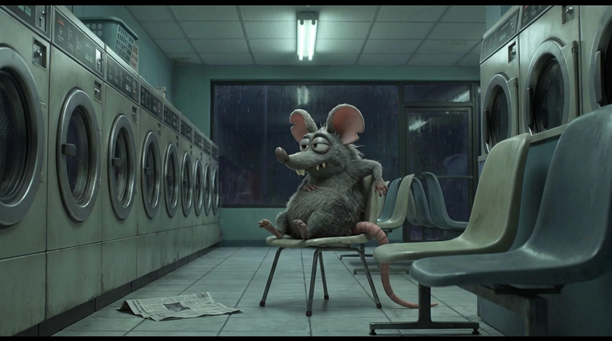 Nigel Mouse slumped in a plastic chair at a launderette, rain streaking the window behind him