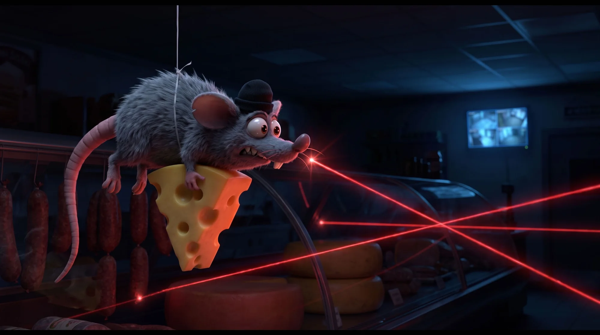 Nigel Mouse perched on a wedge of cheese in a deli case, laser security beams crossing around him