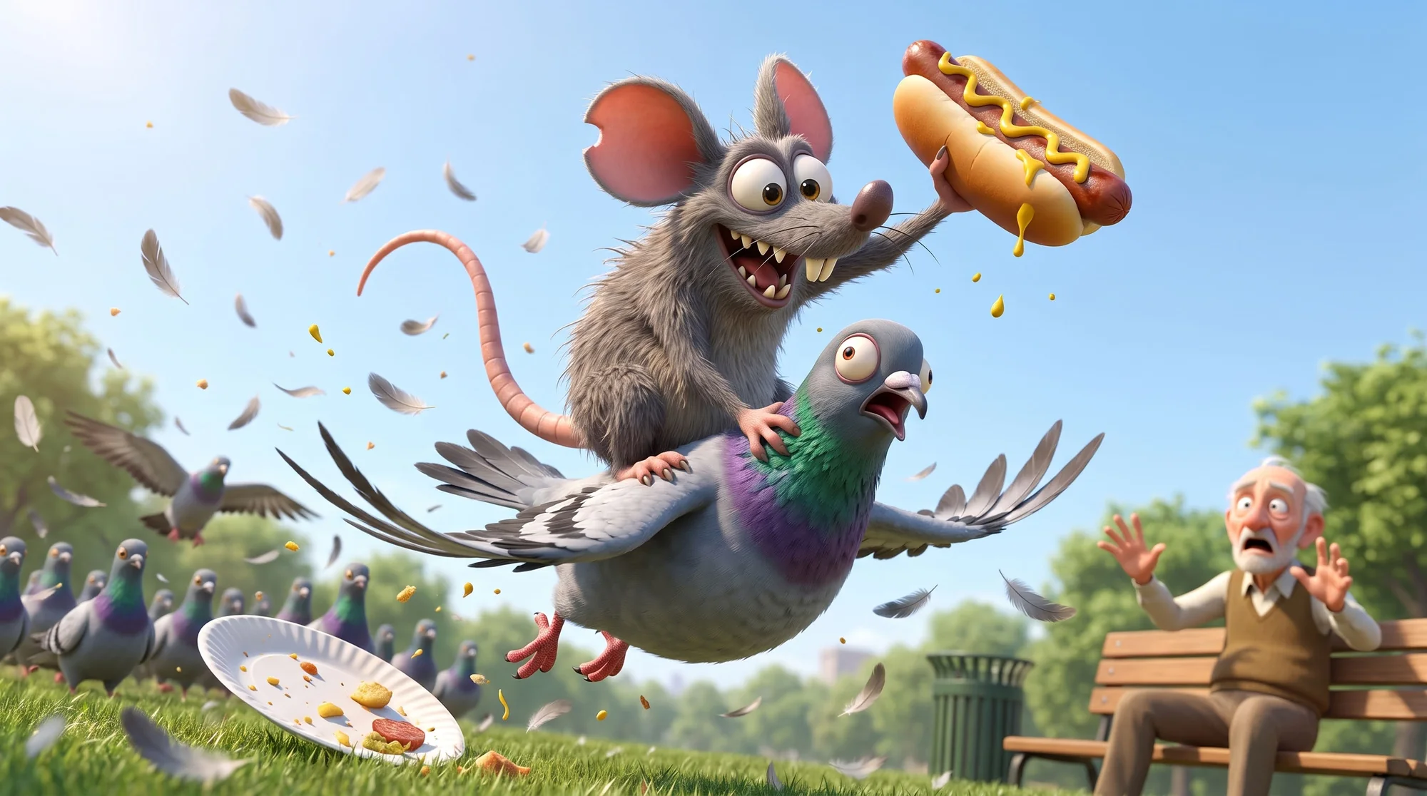 Nigel Mouse riding a startled pigeon through a park with a stolen hot dog, feathers flying, a man recoiling on a bench