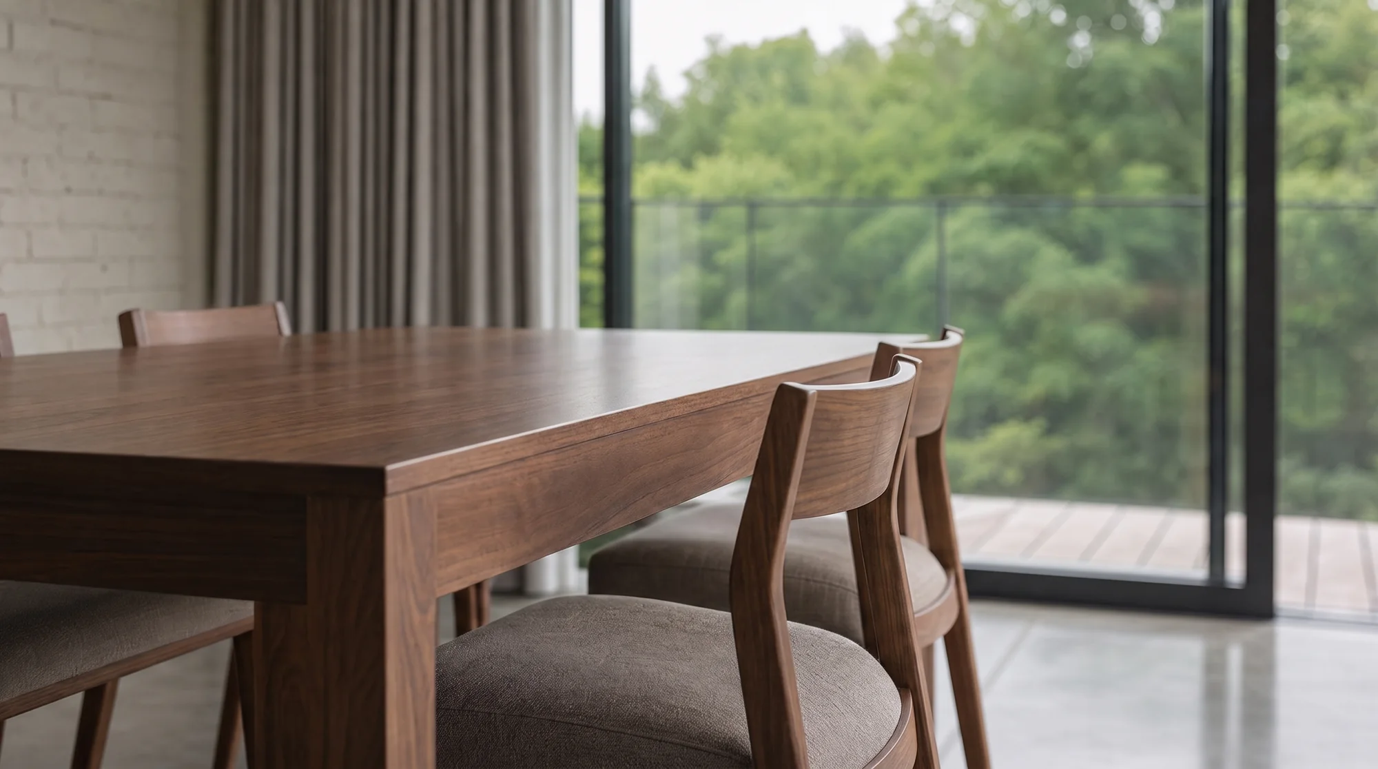 Detail of the walnut table edge and chair backs, curtain and trees out of focus