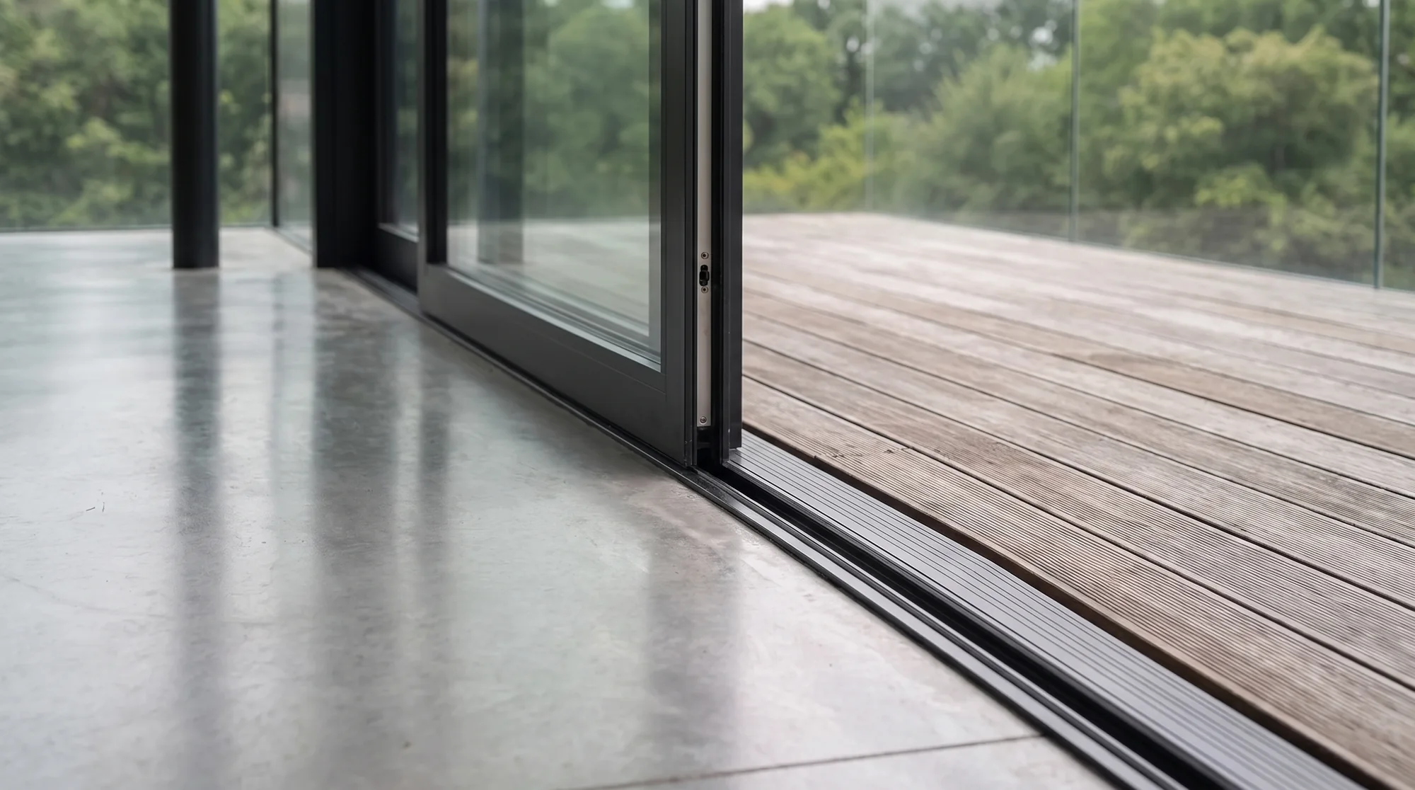 Threshold detail — sliding door track between polished concrete and the timber deck