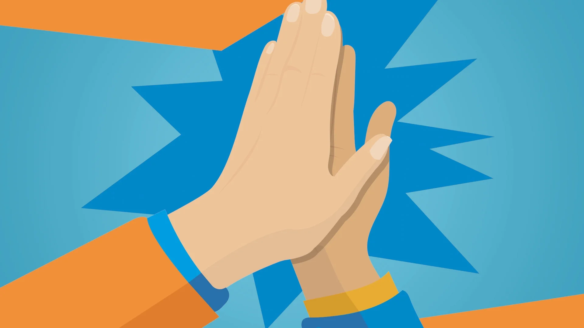 Two hands giving a high five against a graphic orange and blue burst background
