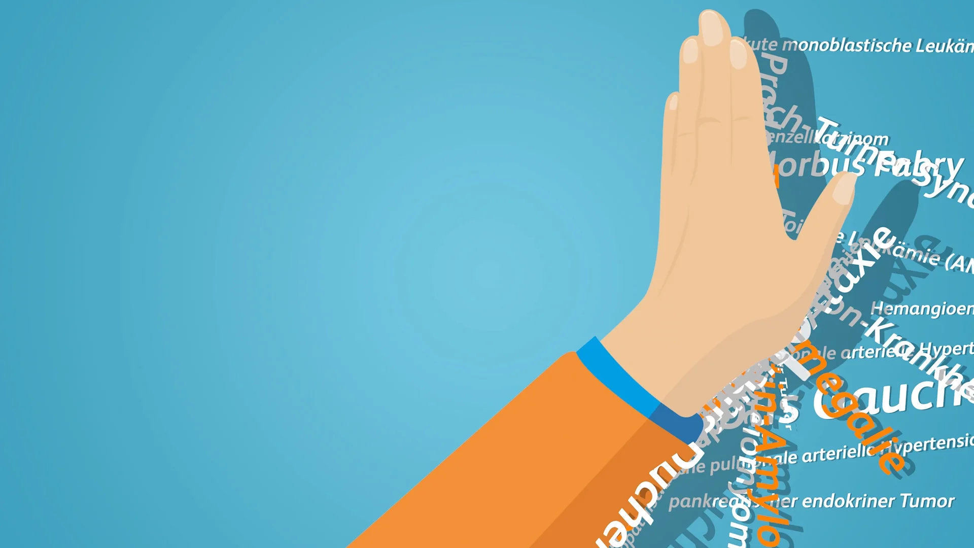 A raised hand assembled out of the names of dozens of rare diseases in German