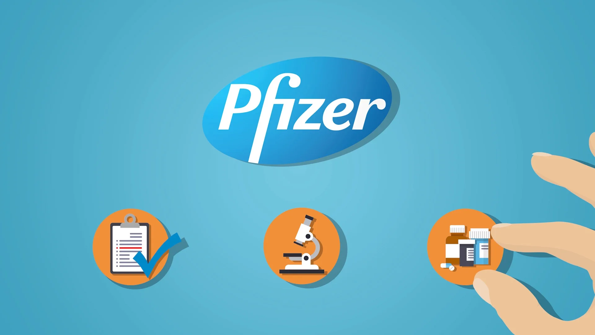 Pfizer logo above three icons — checklist, microscope and medication bottles — a hand reaching in from the right