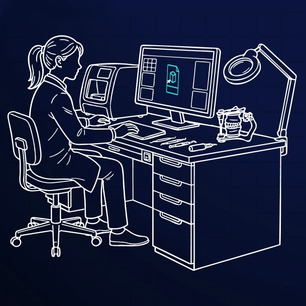 A technician working at a CAD-CAM design workstation with a dental model, monitor and desk lamp — a still from the DentalTwin workflow animation
