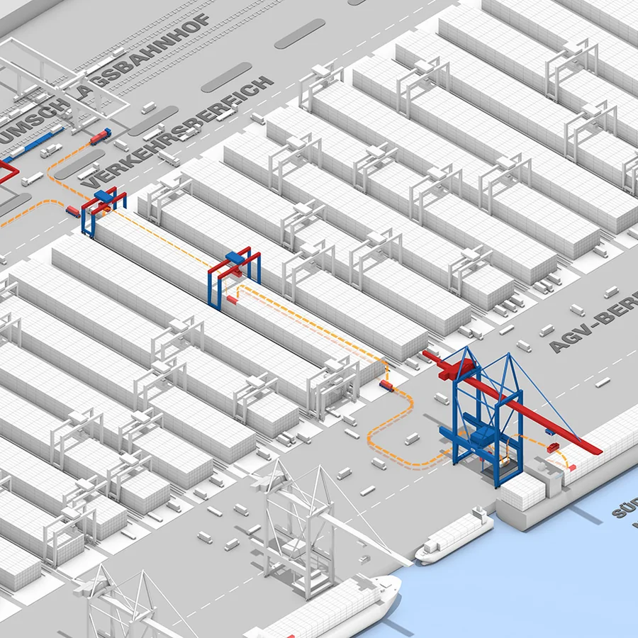 Isometric diagram of the full container terminal — block storage, transport rail, AGV area and ship-to-shore crane at the quay