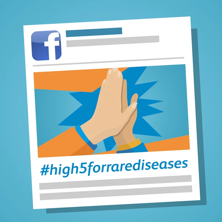 A mocked-up Facebook post with a high-five illustration and the hashtag #high5forrarediseases — a still from the Rare Disease Day trailer
