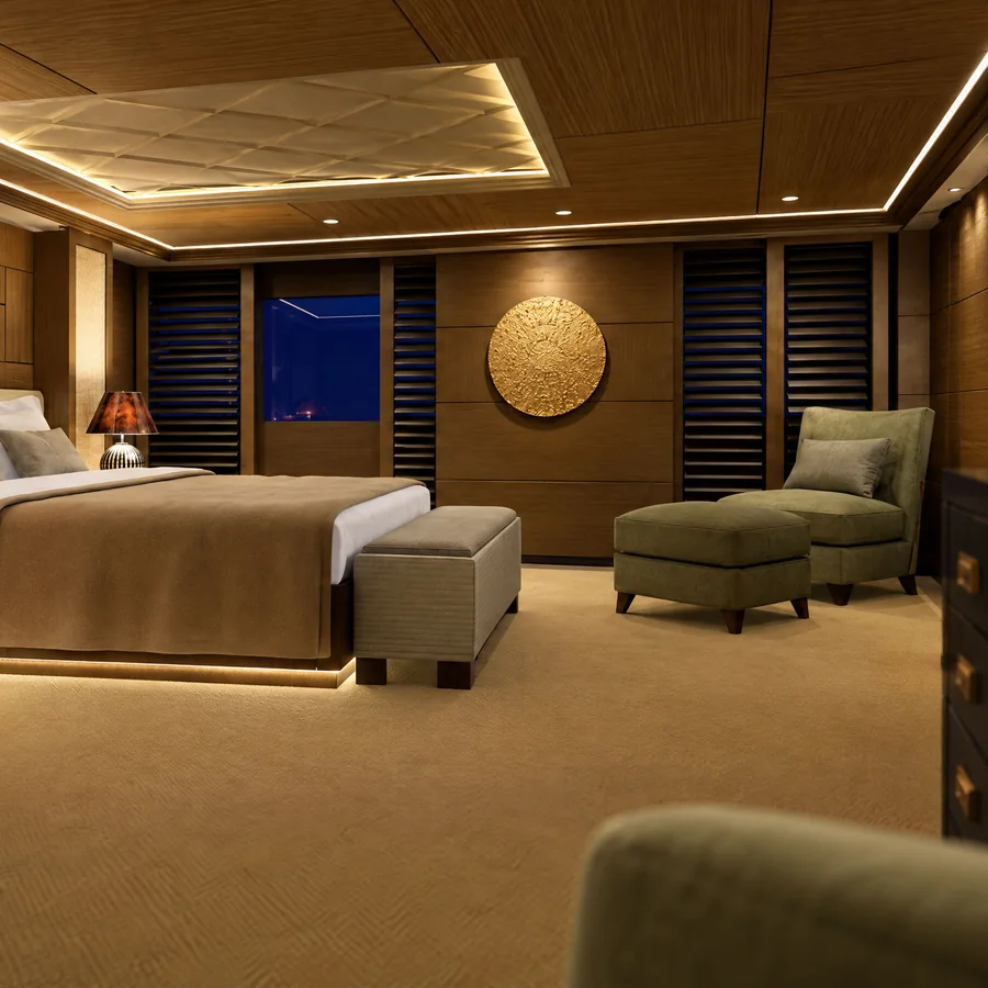 Yacht master bedroom at night — bed with a light edge, coffered ceiling with indirect lighting, armchair and ottoman, gold wall disc