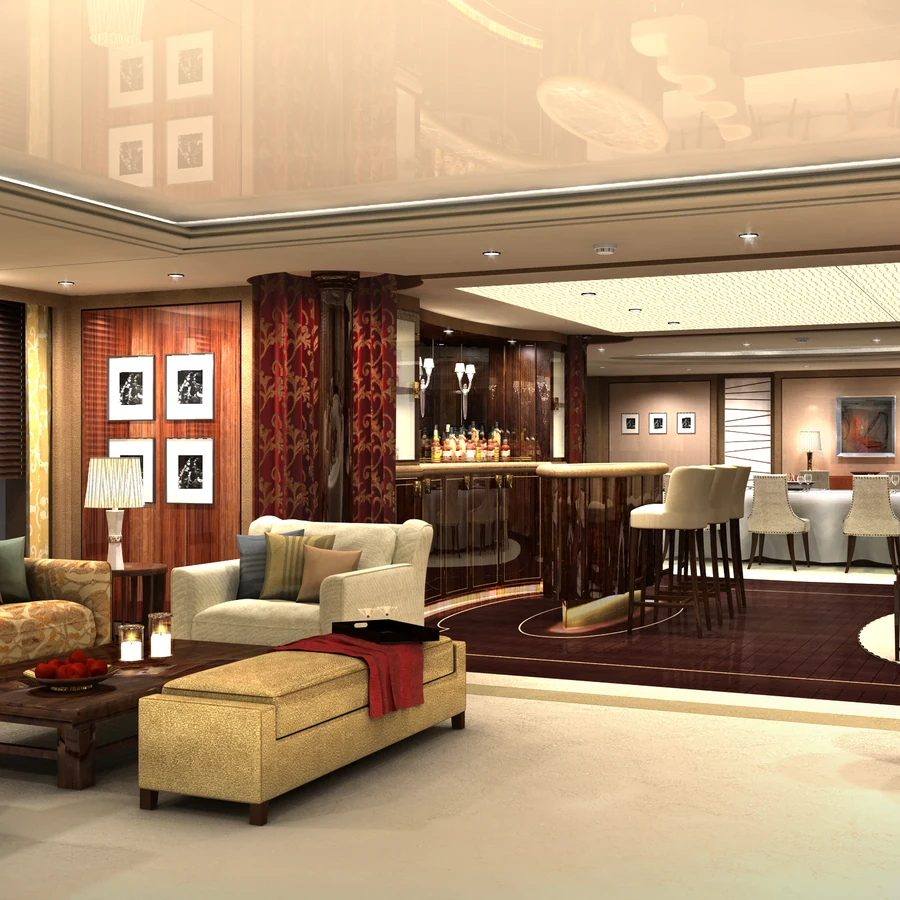Yacht lounge and bar with cream sofas and red damask curtains