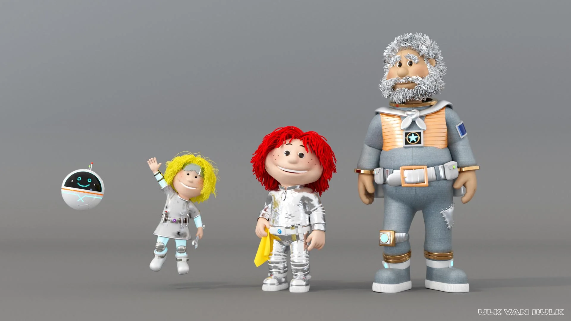 The crew lineup — a small hovering robot, a blonde girl in a patched spacesuit, a red-haired boy in a silver spacesuit, and a towering bearded astronaut
