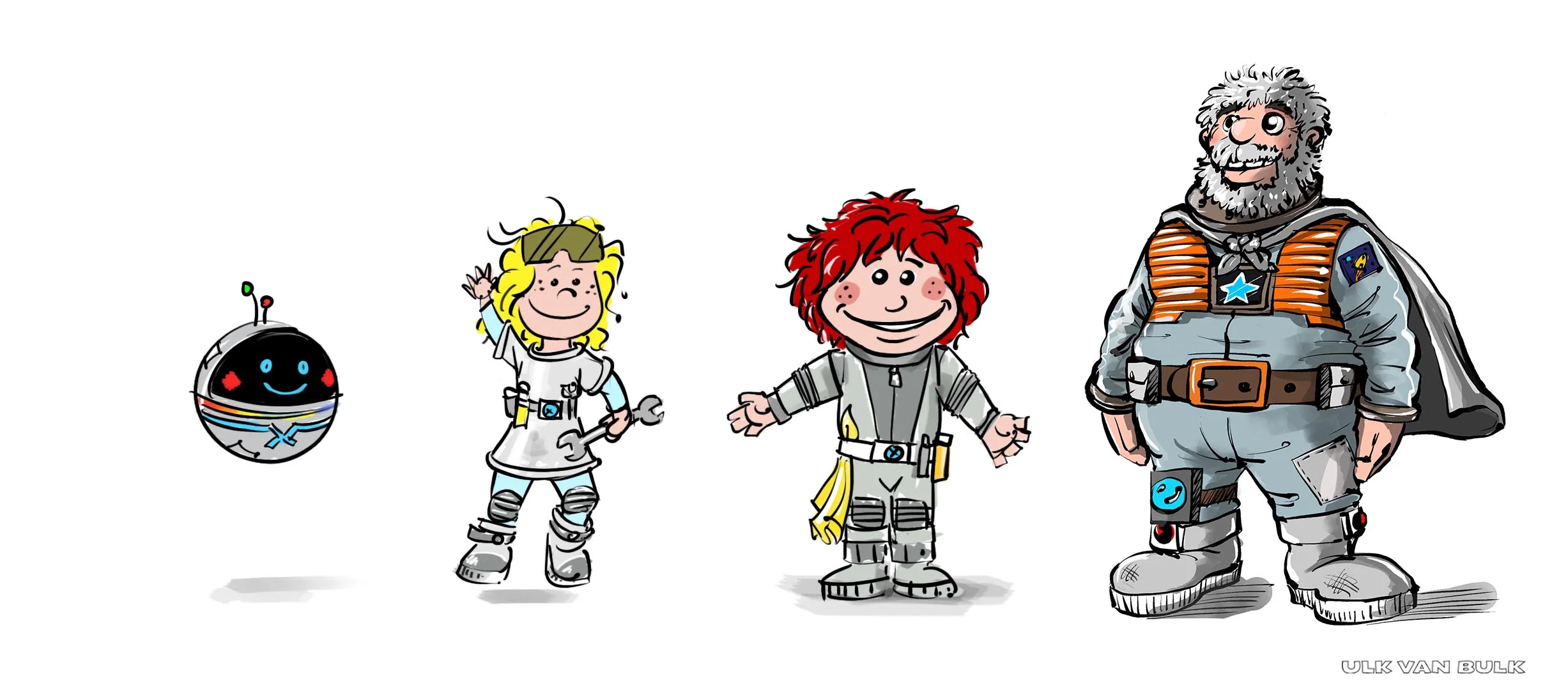 Early character sketch of the crew lineup — robot, girl, boy and astronaut, drawn in loose marker and ink