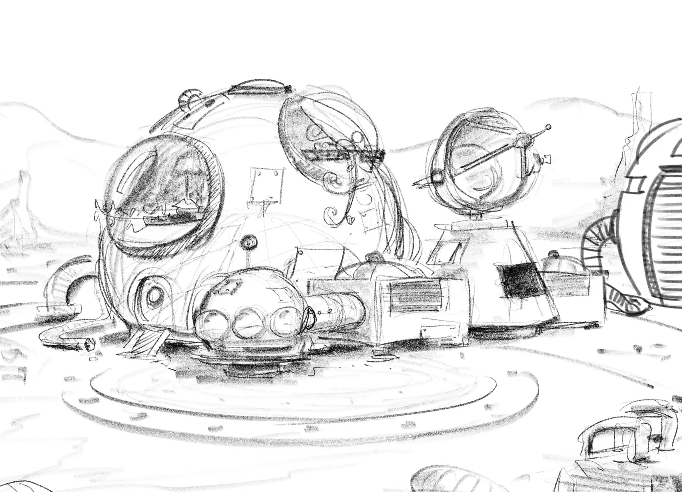 Pencil sketch of the machine-room habitat — domed pods, a greenhouse and a windmill clustered on a landing pad