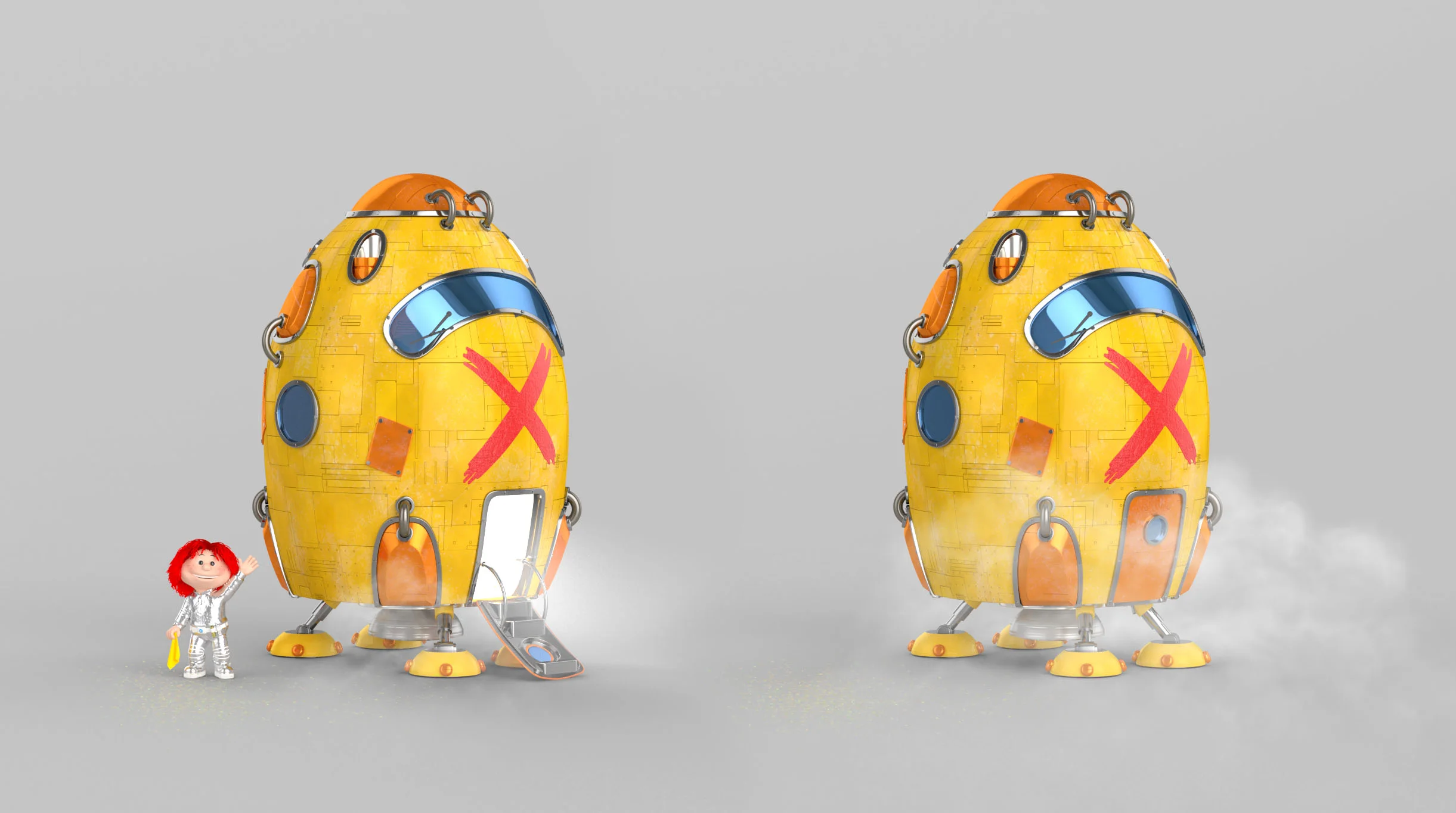 The battered yellow X-Raket, a red cross painted across its hull, shown at rest and lifting off in a cloud of steam