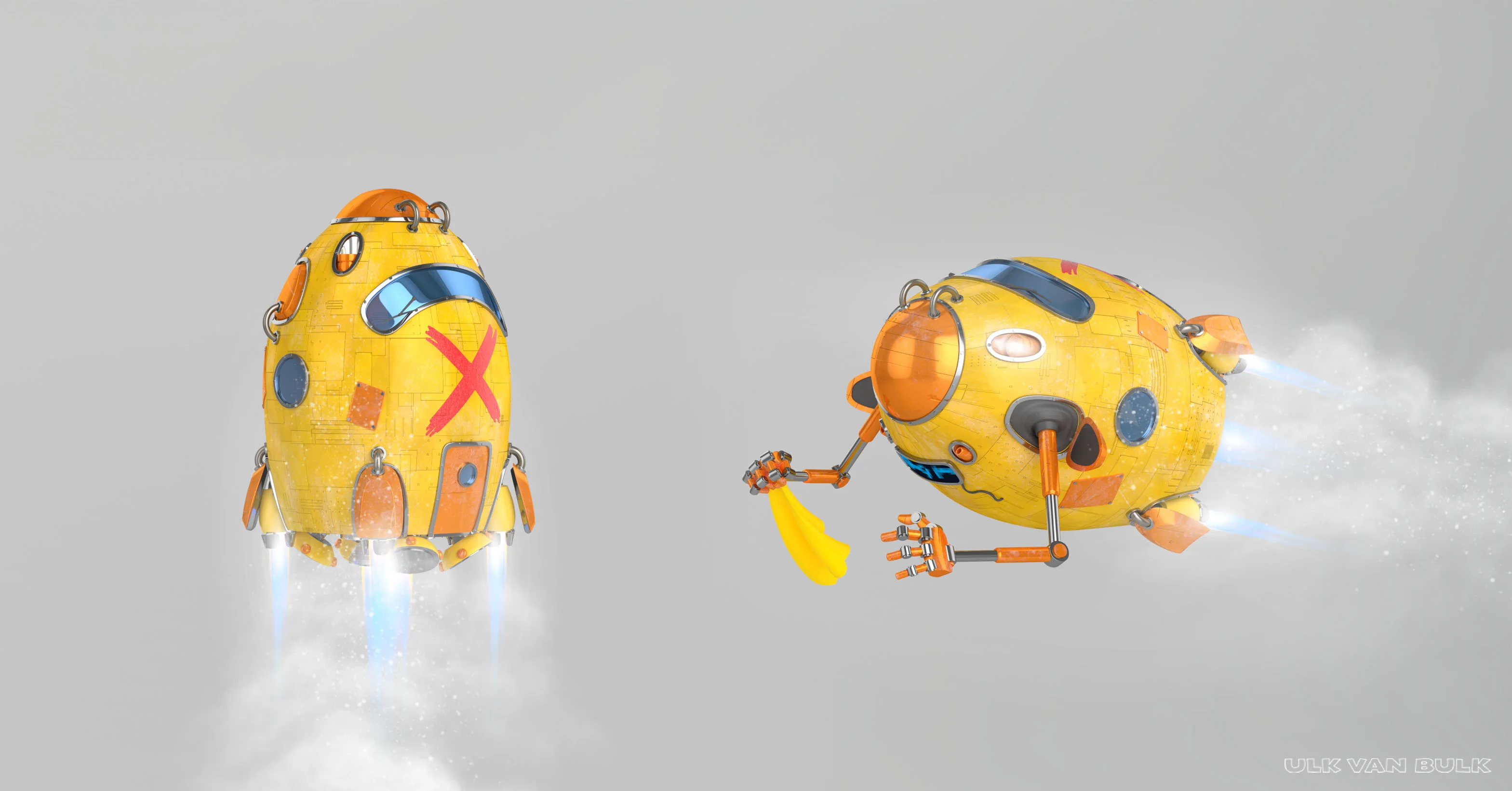 The X-Raket in flight, one panel open to reveal a friendly face and a pair of mechanical arms waving a yellow cloth