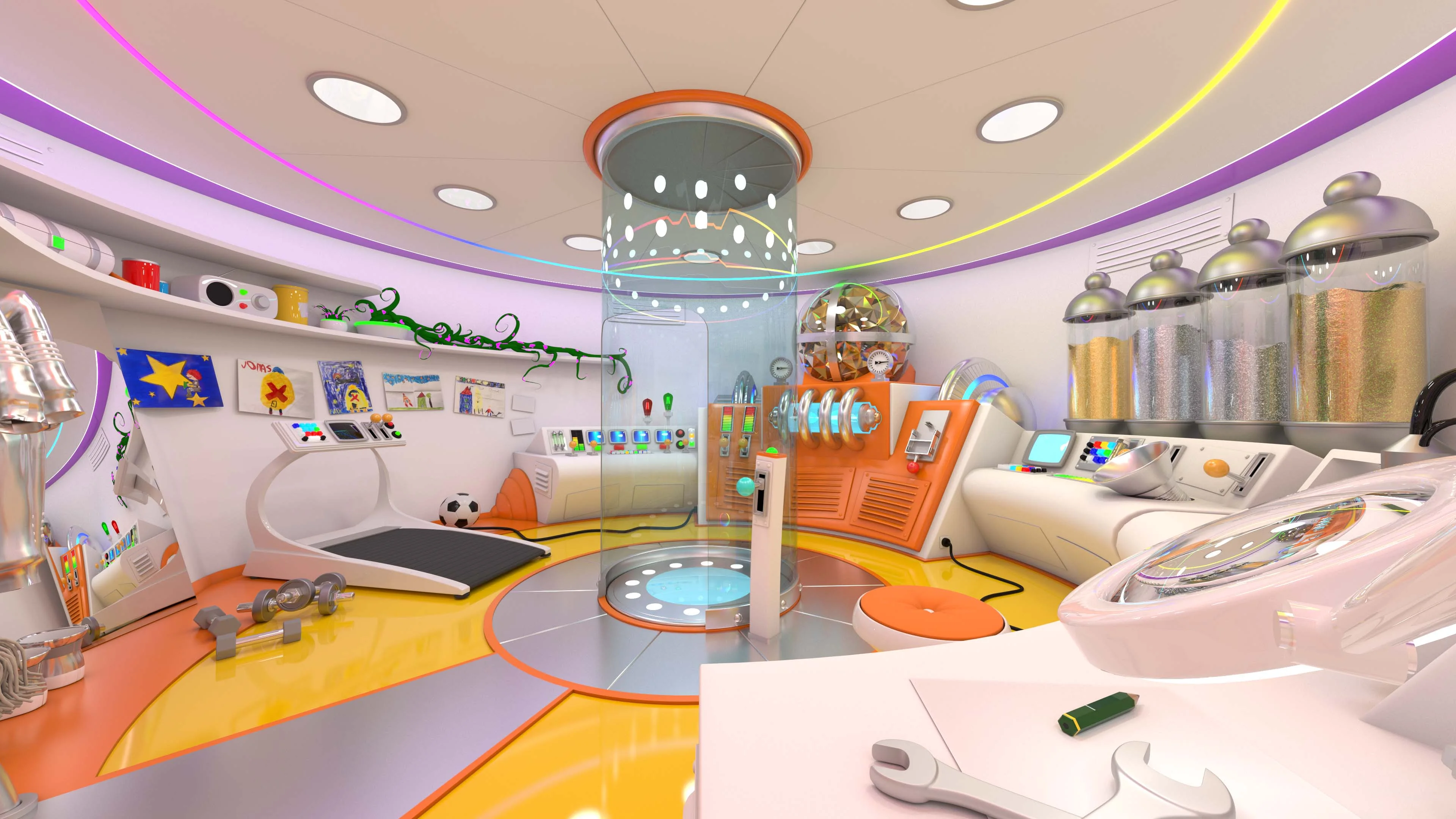 Interior of the habitat's activity room — a treadmill, weights, a control console and a glass capsule lift