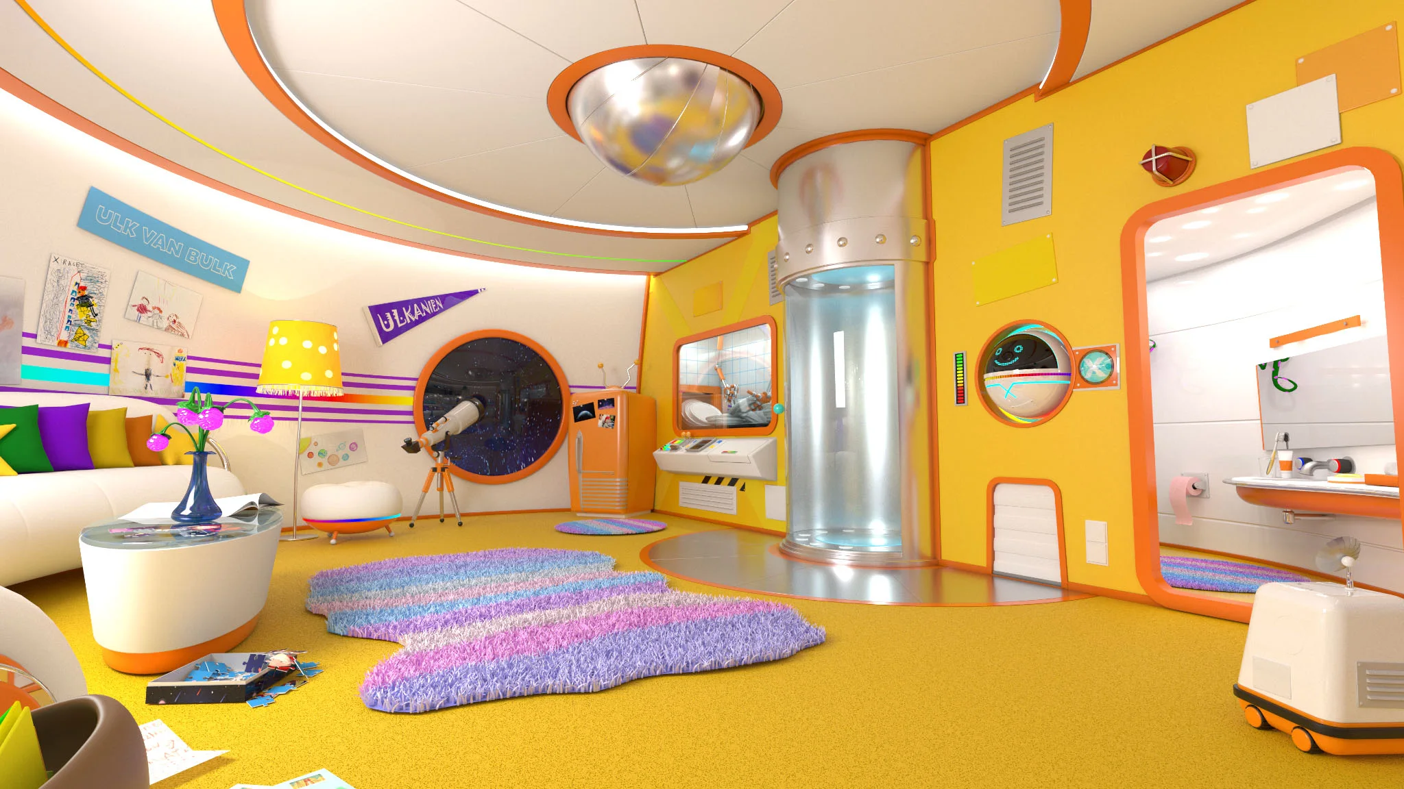 Interior of the habitat's living room — a sofa, a telescope at a round porthole window, and hand-drawn artwork on the wall