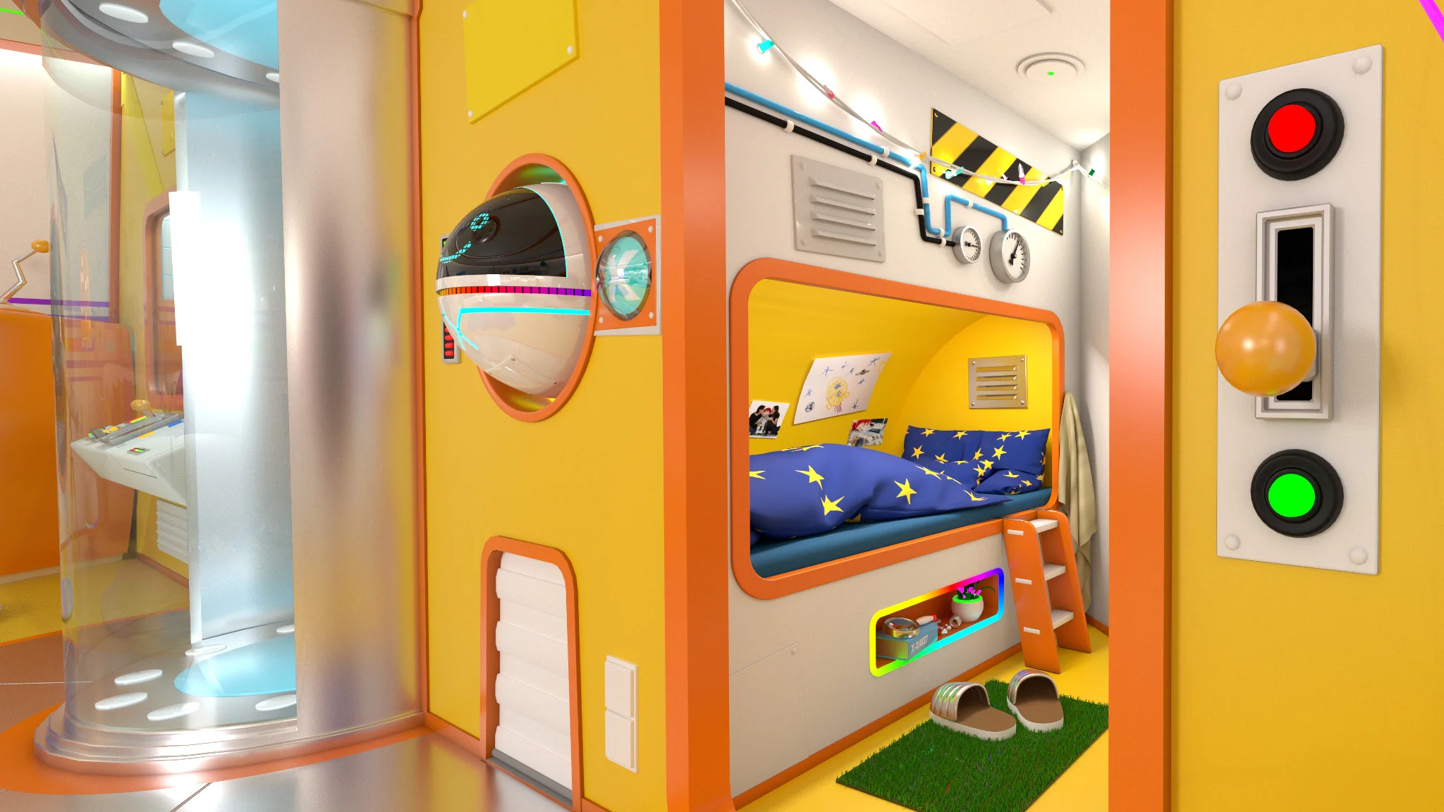 A bunk-bed nook built into the habitat wall, with a star-print blanket and a shelf labelled X-Raket
