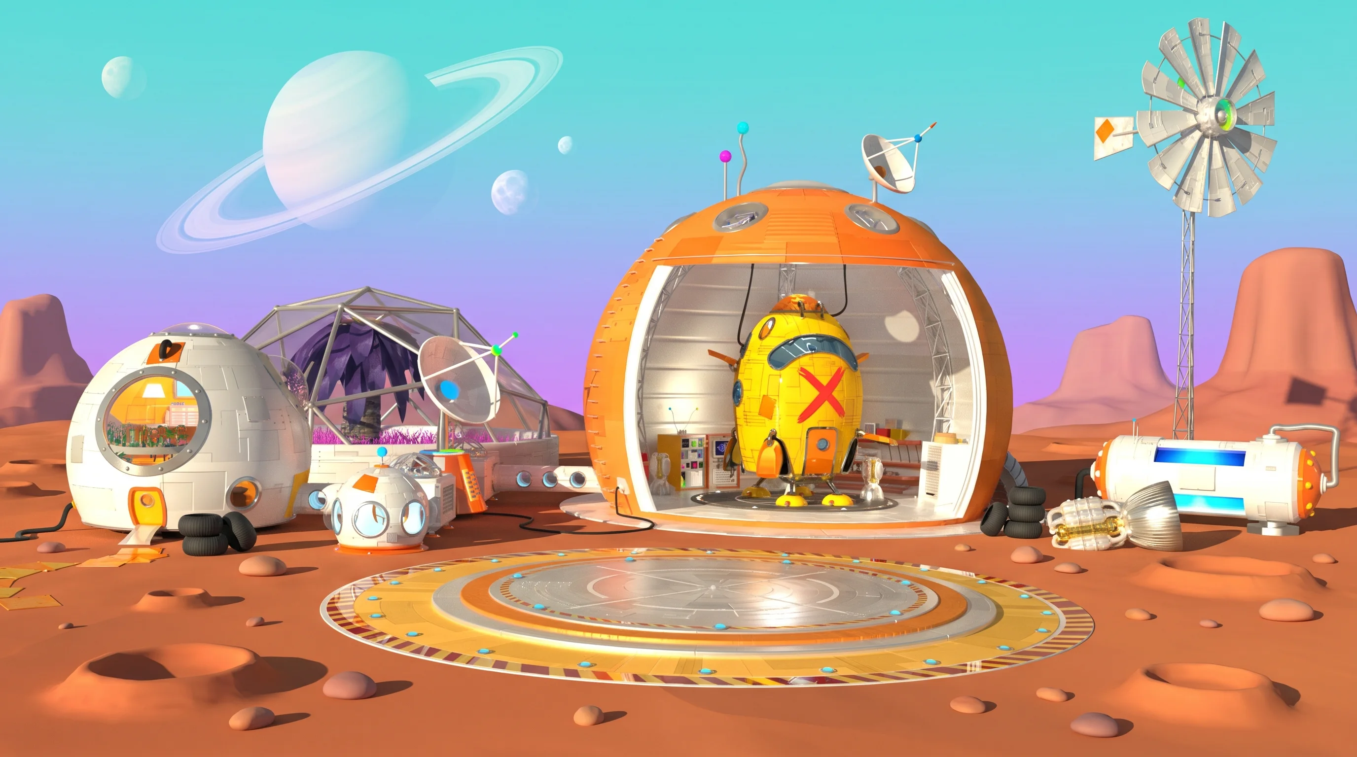 The machine-room habitat on a red Martian landscape, ringed planets and moons overhead, with domed pods, a greenhouse, a satellite dish and a windmill around the landing pad