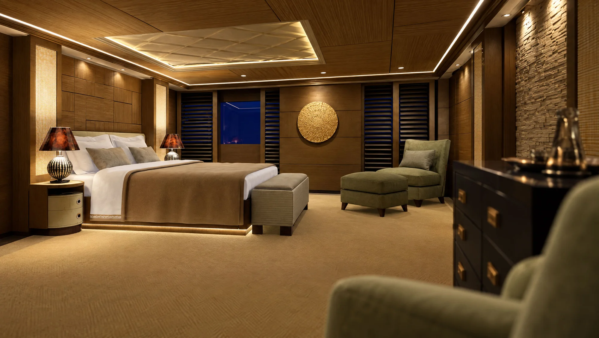 Yacht master bedroom at night — bed with a light edge, coffered ceiling with indirect lighting, armchair and ottoman, gold wall disc