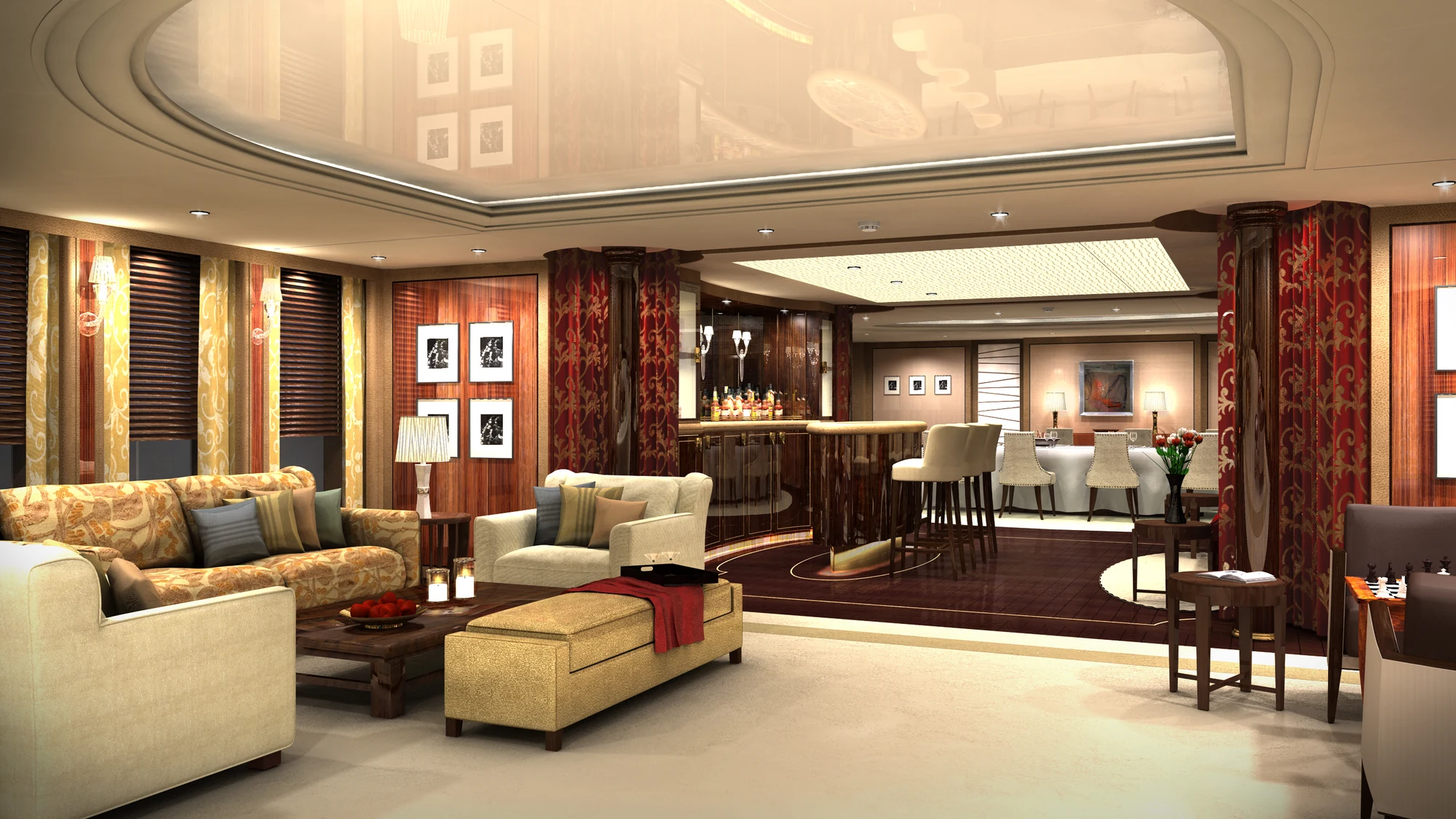 Yacht lounge and bar — cream sofas, red damask curtains, a mirrored bar counter and a dining area beyond